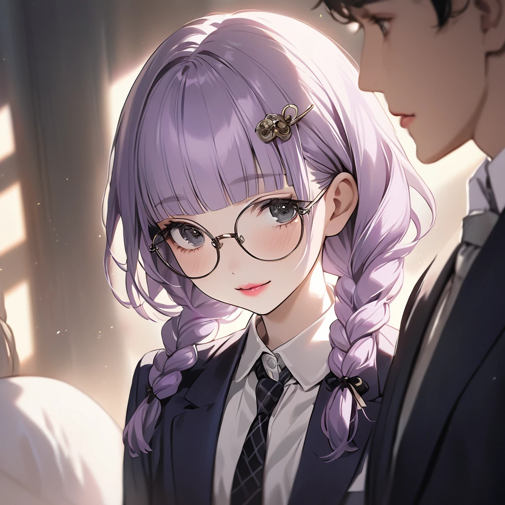 (Cute a girl:1.5), (masterpiece:1.3), anime visual, (school uniform Navy blazer, black ribbon tie, white blouse, checked skirt:1.3 ), (Lovey-dovey:1.5), (tilt head:1.3), extremely delicate face, soft clean focus, realistic lighting and shading, (an extremely delicate and beautiful art:1.3), elegant, (muted colors:1.1),(one girl with closs hair pin,pale purple hair,wavy two braids,blunt bangs hair,green and black eyes.pink lips:1.4), small breast,slim,Smiling with teeth showing,Slender,morning lit,Glasses, twin braids, men's suit, tie,