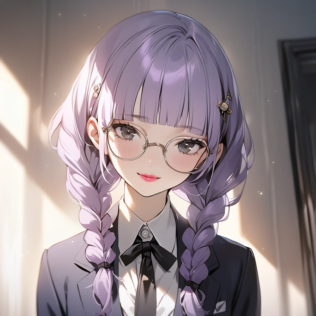 (Cute a girl:1.5), (masterpiece:1.3), anime visual, (school uniform Navy blazer, black ribbon tie, white blouse, checked skirt:1.3 ), (Lovey-dovey:1.5), (tilt head:1.3), extremely delicate face, soft clean focus, realistic lighting and shading, (an extremely delicate and beautiful art:1.3), elegant, (muted colors:1.1),(one girl with closs hair pin,pale purple hair,wavy two braids,blunt bangs hair,green and black eyes.pink lips:1.4), small breast,slim,Smiling with teeth showing,Slender,morning lit,Glasses, twin braids, men's suit, tie,