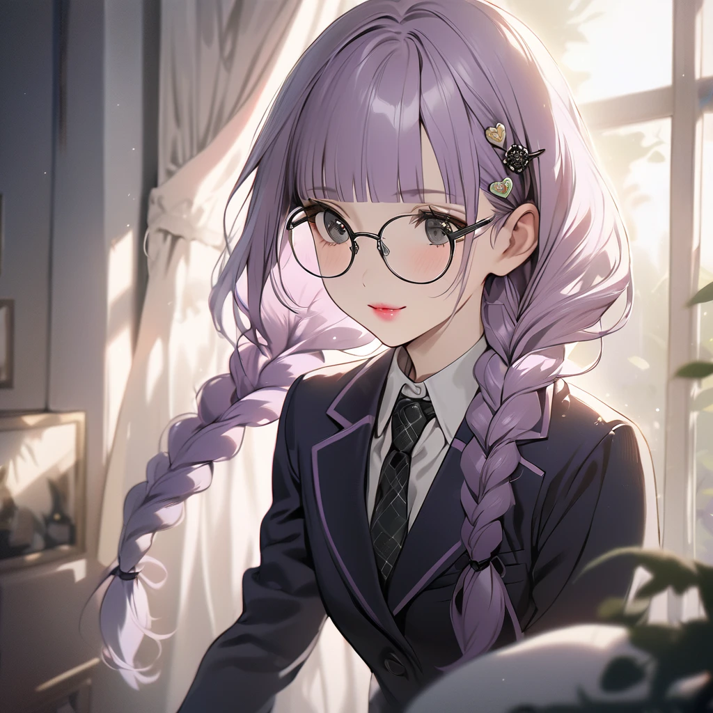 (Cute a girl:1.5), (masterpiece:1.3), anime visual, (school uniform Navy blazer, black ribbon tie, white blouse, checked skirt:1.3 ), (Lovey-dovey:1.5), (tilt head:1.3), extremely delicate face, soft clean focus, realistic lighting and shading, (an extremely delicate and beautiful art:1.3), elegant, (muted colors:1.1),(one girl with closs hair pin,pale purple hair,wavy two braids,blunt bangs hair,green and black eyes.pink lips:1.4), small breast,slim,Smiling with teeth showing,Slender,morning lit,Glasses, twin braids, men's suit, tie,