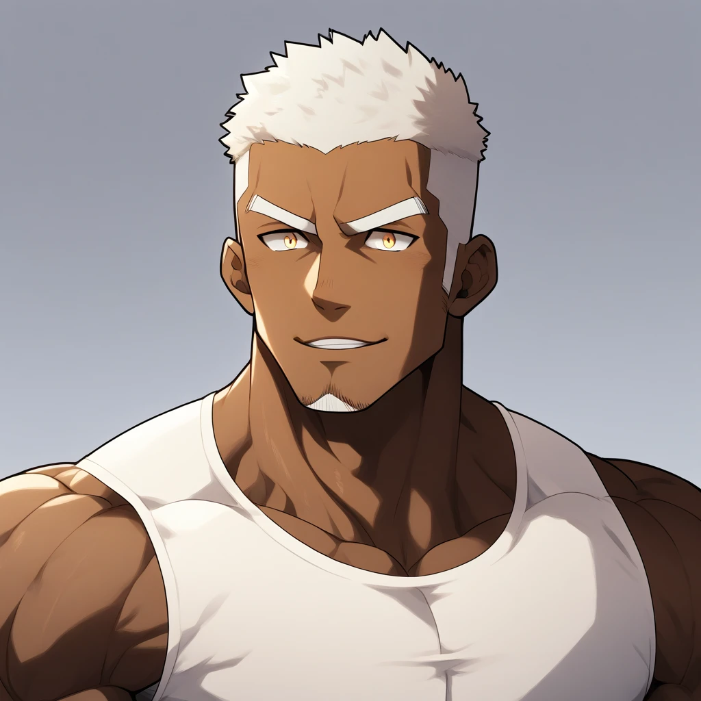 negro,negro,negro,anime characters:Gyee, Fitness coach, negro black skin, 1 muscular tough guy, Manliness, male focus, Cream White Sleeveless Tight T-Shirt, Very tight, The pectoral muscles are oversized, Slightly transparent, muscular male, muscular, only, Upper body, alone, White short hair, Thick eyebrows, stubble, Yellow eyes, Grey background, simple background, amazing quality, best aesthetics, Ridiculous, bright pupils, crew cut, parted lips, seductive smile, torogao, naughty face, drop shadow, best quality