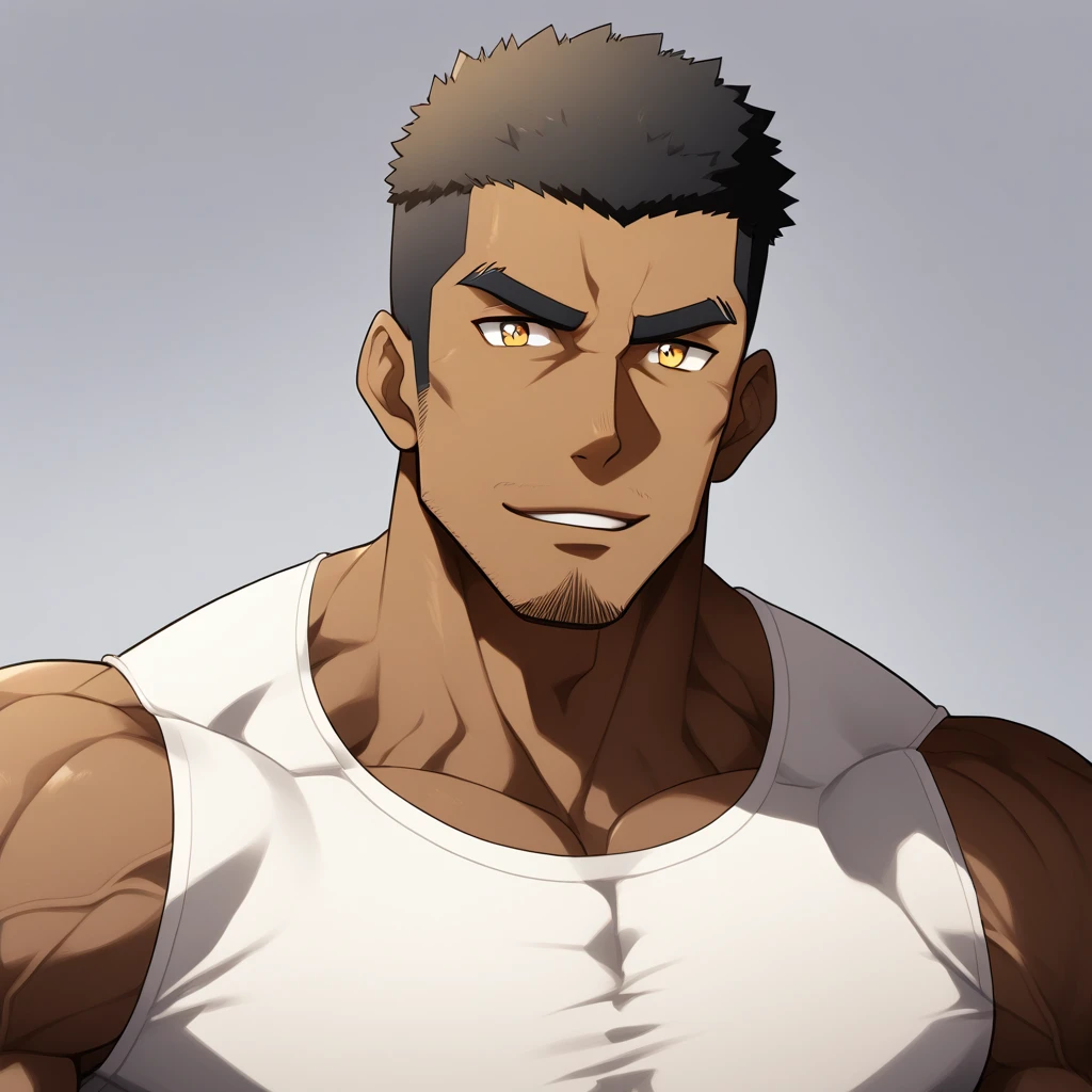 negro，negro，negro，anime characters：Gyee, Fitness coach, negro black skin, 1 muscular tough guy, Manliness, male focus, Cream White Sleeveless Tight T-Shirt, Very tight, The pectoral muscles are oversized, Slightly transparent, muscular male, muscular, only, Upper body, alone, White short hair, Thick eyebrows, stubble, Yellow eyes, Grey background, simple background, amazing quality, best aesthetics, Ridiculous, bright pupils, crew cut, parted lips, seductive smile, torogao, naughty face, drop shadow, best quality