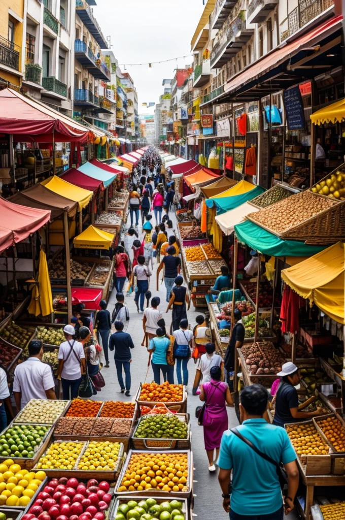 A vibrant street market in a cosmopolitan city, filled with colorful stalls selling fresh produce, exotic spices, and handcrafted goods. The street is bustling with people from diverse backgrounds, all engaged in lively conversation.