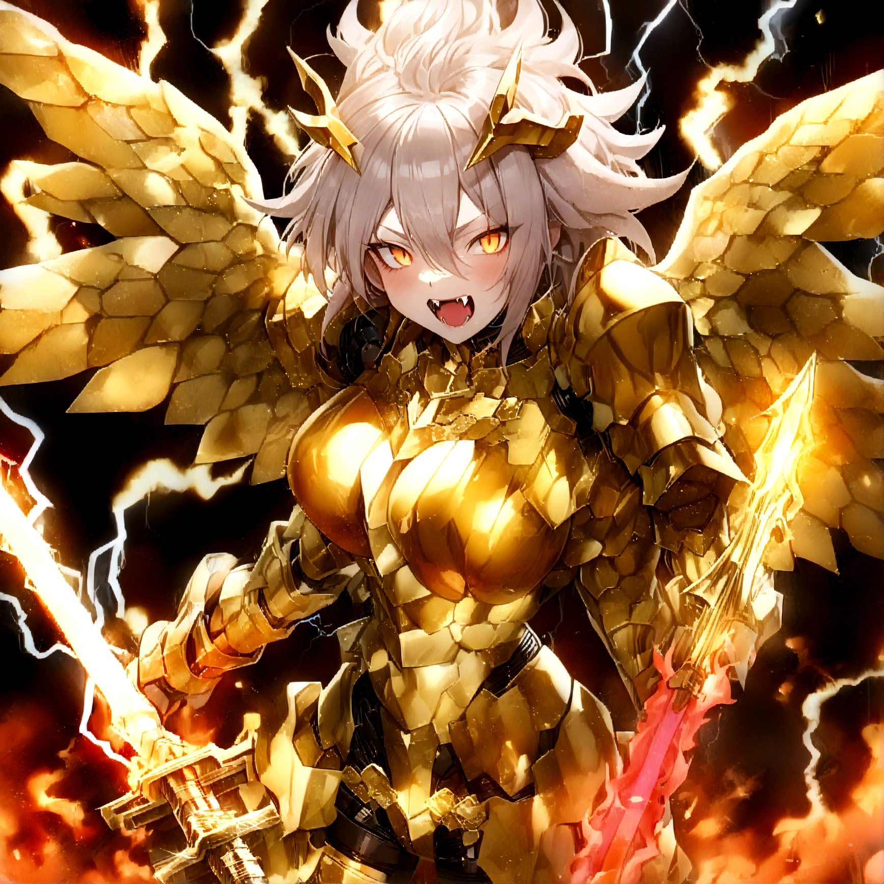 ((Lightning Power)), ((Electricity)), ((Fire Background)), ((Lightning Storm)), ((Power Erupting)), ((Explosion)), (Strom), ((((android 21 Evil)))), (((white Coat))), (((Busty))), (((((Big breast:1,3)))), luxury bustier corset, (((silver hair))), (((Very slim waist))), propotional body, ((Gorgeous)), (((Fire Blazing Horns))), ((((gold wings))), masterpiece, hyperdetail, ambient effect, digital effect, (((Fangs))), (((FIRE SWORD)), (((Lightning Sword))), (((Fire Gold Armor))), (((Lightning Gold Wings)))