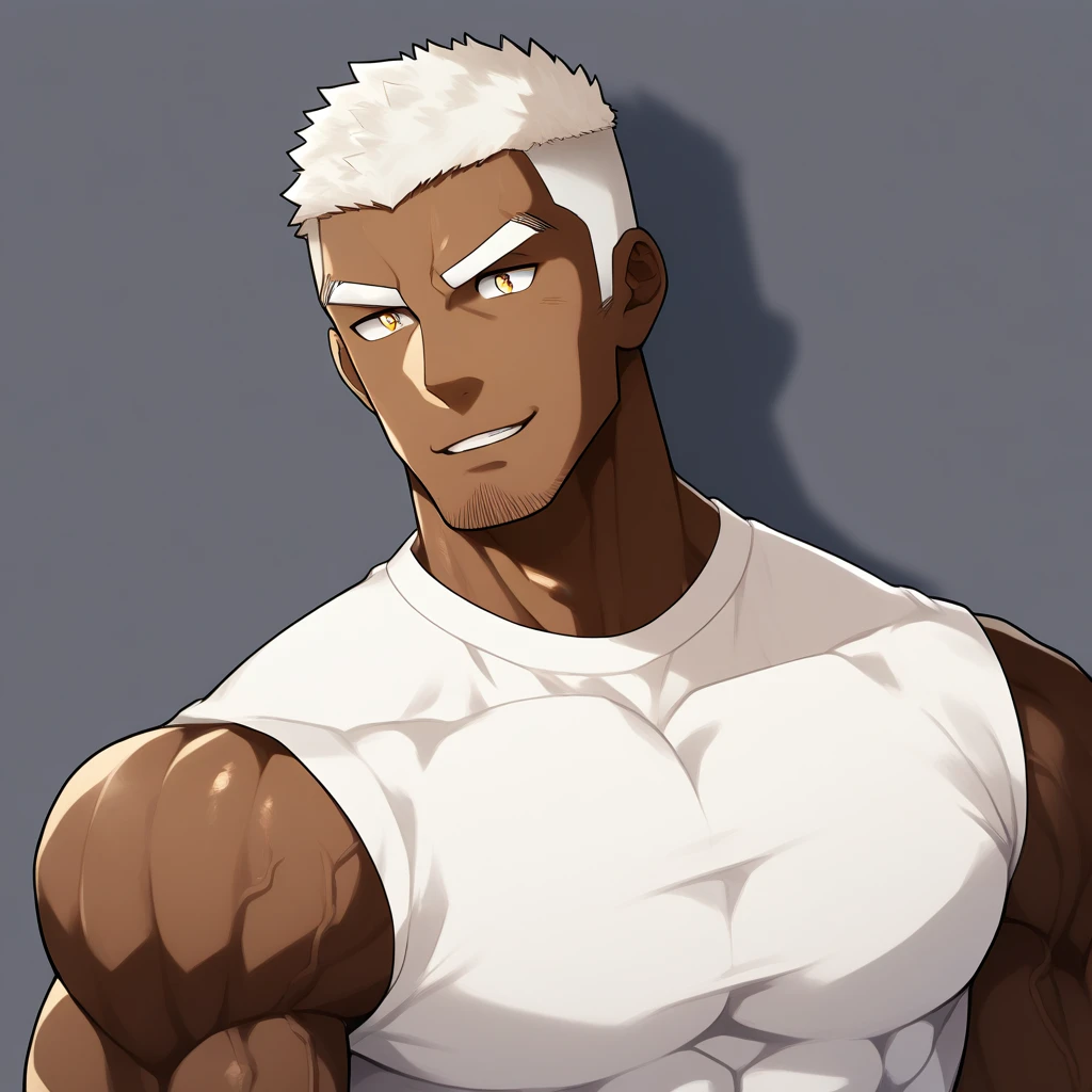 negro,negro,negro,anime characters:Gyee, Fitness coach, negro black skin, 1 muscular tough guy, Manliness, male focus, Cream White Sleeveless Tight T-Shirt, Very tight, The pectoral muscles are oversized, Slightly transparent, muscular male, muscular, only, Upper body, alone, White short hair, Thick eyebrows, stubble, Yellow eyes, Grey background, simple background, amazing quality, best aesthetics, Ridiculous, bright pupils, crew cut, parted lips, seductive smile, torogao, naughty face, drop shadow, best quality
