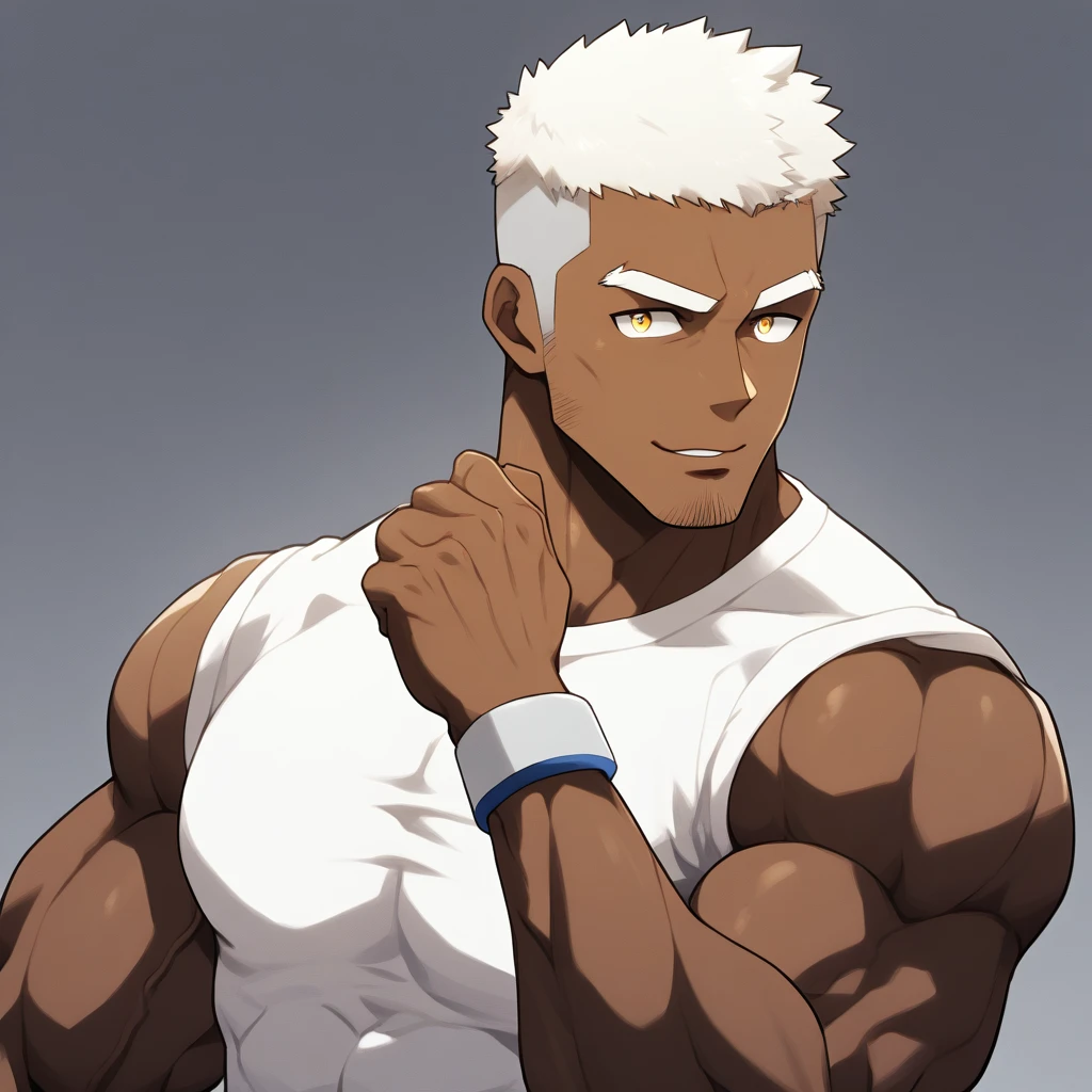 negro，negro，negro，anime characters：Gyee, Fitness coach, negro black skin, 1 muscular tough guy, Manliness, male focus, Cream White Sleeveless Tight T-Shirt, Very tight, The pectoral muscles are oversized, Slightly transparent, muscular male, muscular, only, Upper body, alone, White short hair, Thick eyebrows, stubble, Yellow eyes, Grey background, simple background, amazing quality, best aesthetics, Ridiculous, bright pupils, crew cut, parted lips, seductive smile, torogao, naughty face, drop shadow, best quality