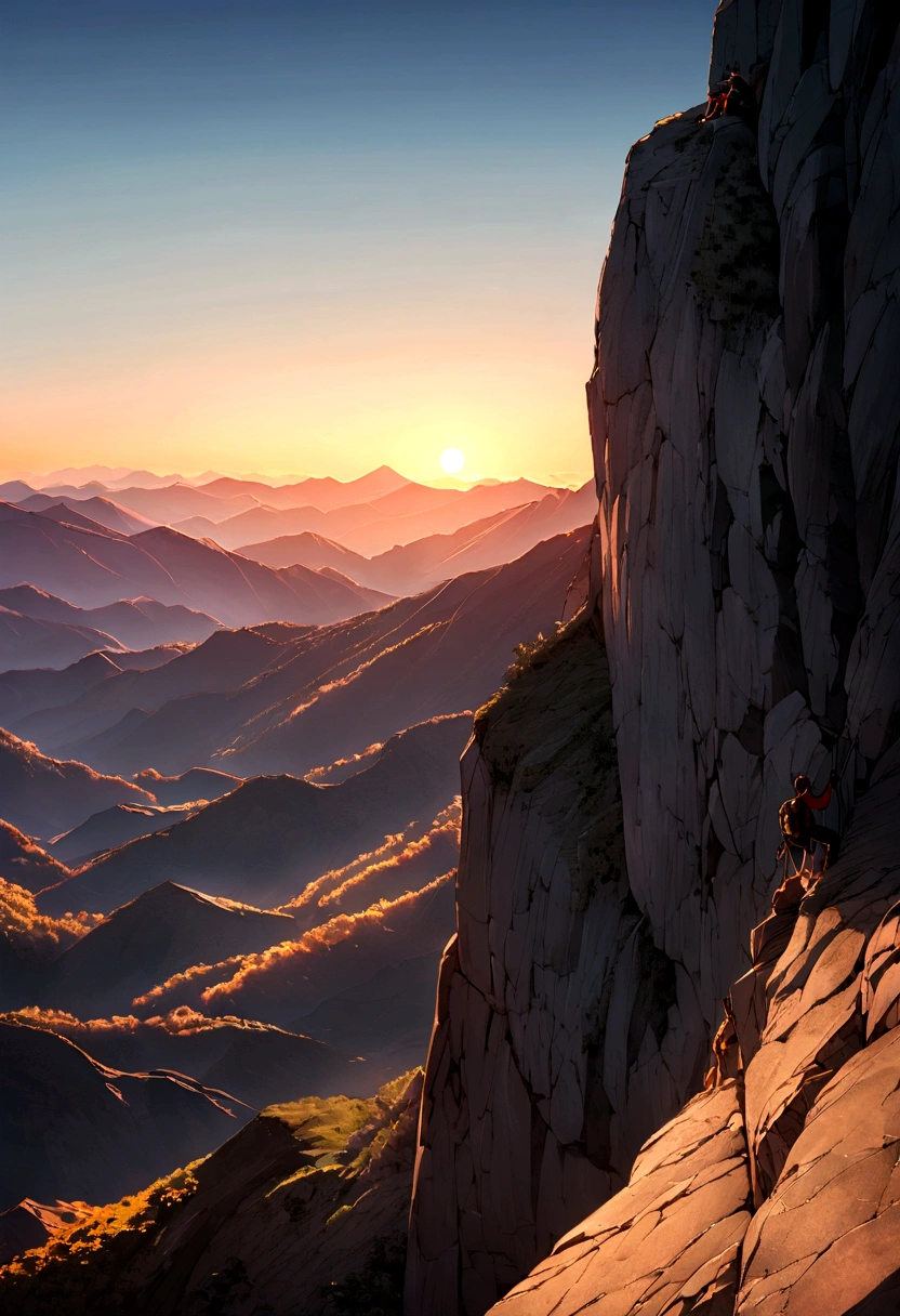 Depict a climber scaling a steep mountain cliff. The climber should be focused and determined, with a backdrop of a vast landscape. The lighting should be bright and clear, highlighting the climber and the rugged texture of the cliff. Use a Canon EOS 5D Mark IV DSLR camera with an EF 16-35mm f/2.8L III USM lens to capture the climber. --ar 16:9 --v 5.1 --style raw --q 2 --s 750