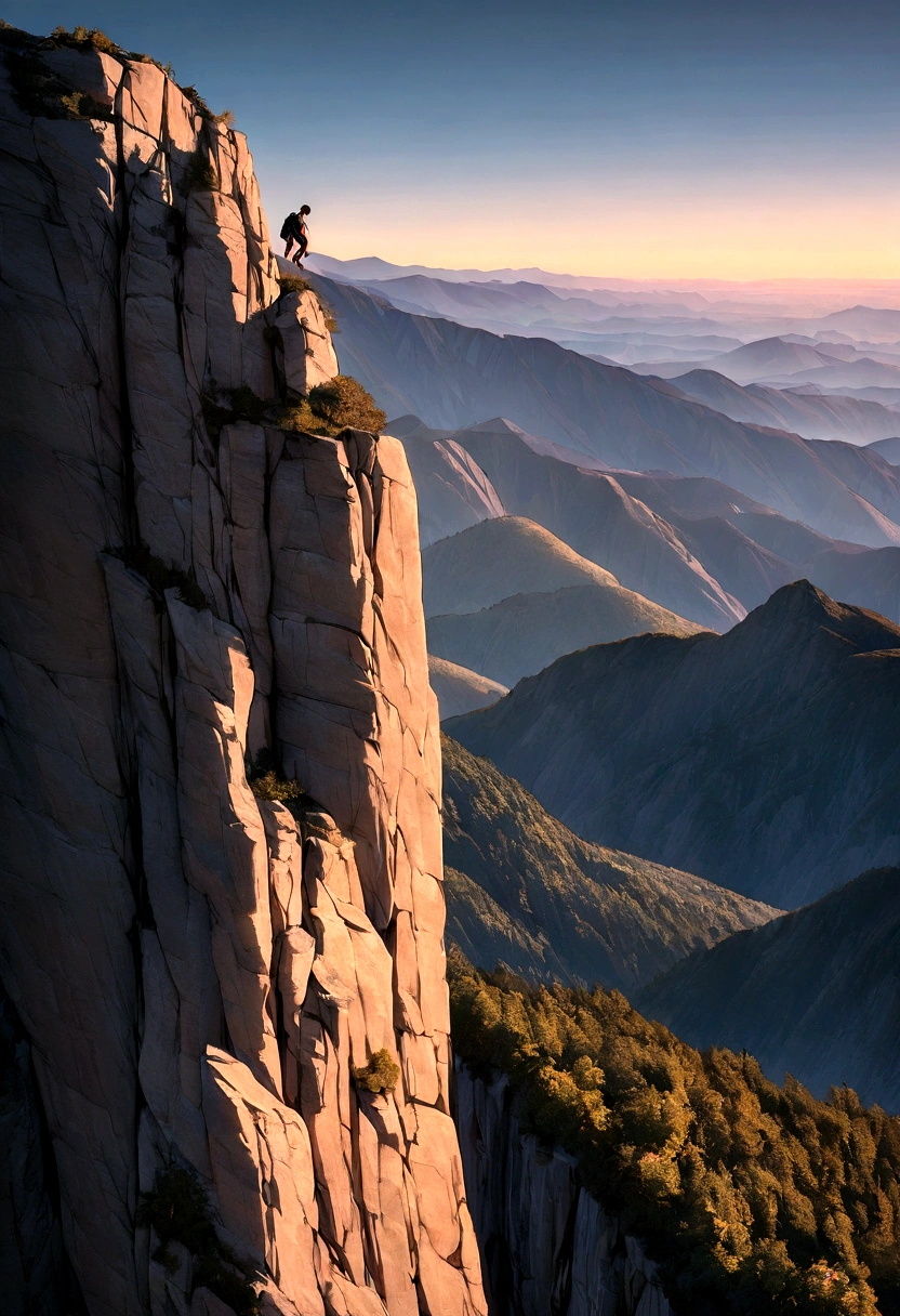 Depict a climber scaling a steep mountain cliff. The climber should be focused and determined, with a backdrop of a vast landscape. The lighting should be bright and clear, highlighting the climber and the rugged texture of the cliff. Use a Canon EOS 5D Mark IV DSLR camera with an EF 16-35mm f/2.8L III USM lens to capture the climber. --ar 16:9 --v 5.1 --style raw --q 2 --s 750
