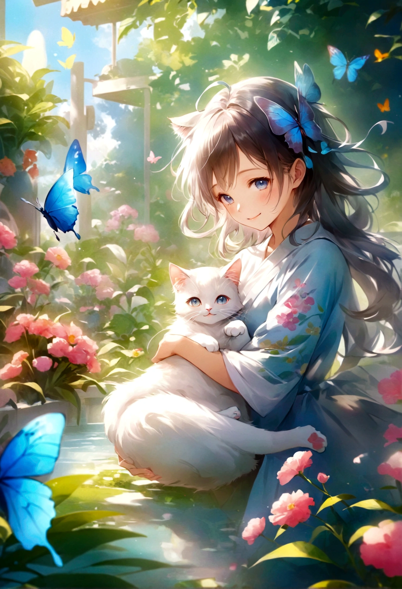 （Highest quality）（Watercolor）Smiling anime girl with cat and butterfly in the garden、Smiling eyes、Cute detailed digital art、Very beautiful anime cat girl、Anime style 4k、Soft anime illustration、guweiz style artwork、beautiful anime catgirl、anime art wallpaper 4k、anime art wallpaper 4k、Cute digital art、Anime fantasy illustration、Anime Art Wallpapers 8K