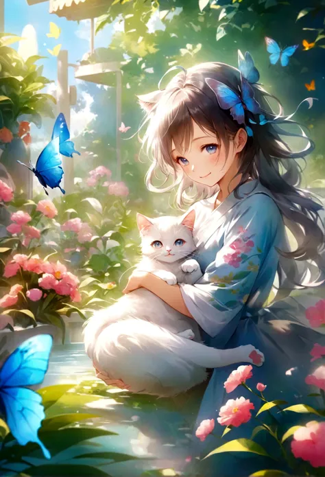 （highest quality）（watercolor）smiling anime girl with cat and butterfly in the garden、smiling eyes、cute detailed digital art、very...