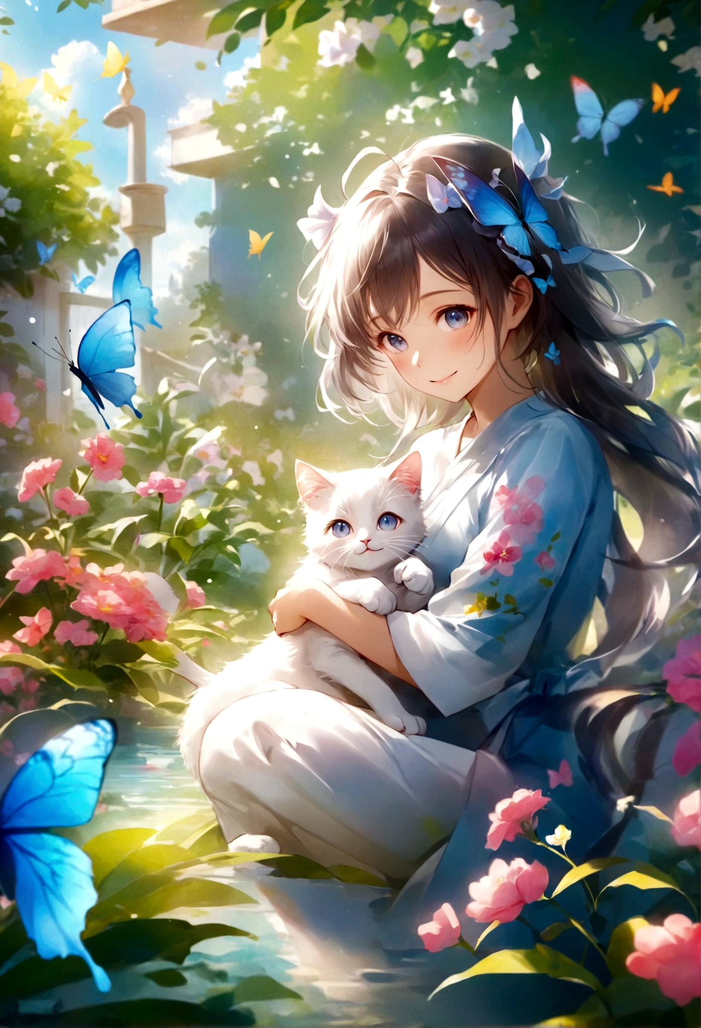 （Highest quality）（Watercolor）Smiling anime girl with cat and butterfly in the garden、Smiling eyes、Cute detailed digital art、Very beautiful anime cat girl、Anime style 4k、Soft anime illustration、guweiz style artwork、beautiful anime catgirl、anime art wallpaper 4k、anime art wallpaper 4k、Cute digital art、Anime fantasy illustration、Anime Art Wallpapers 8K