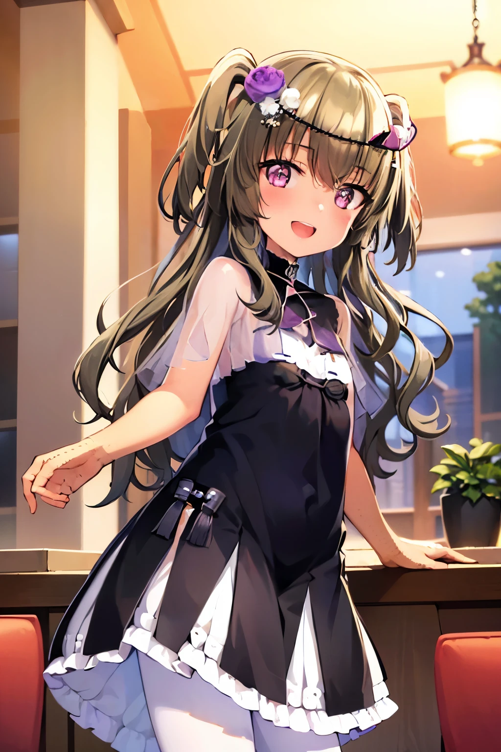 Himari Mei, masterpiece, ****, flat chest, cute and shy smile, highly detailed sparkling brilliant purple eyes, open mouth slightly, standing in deluxe restaurant, Look back and see this