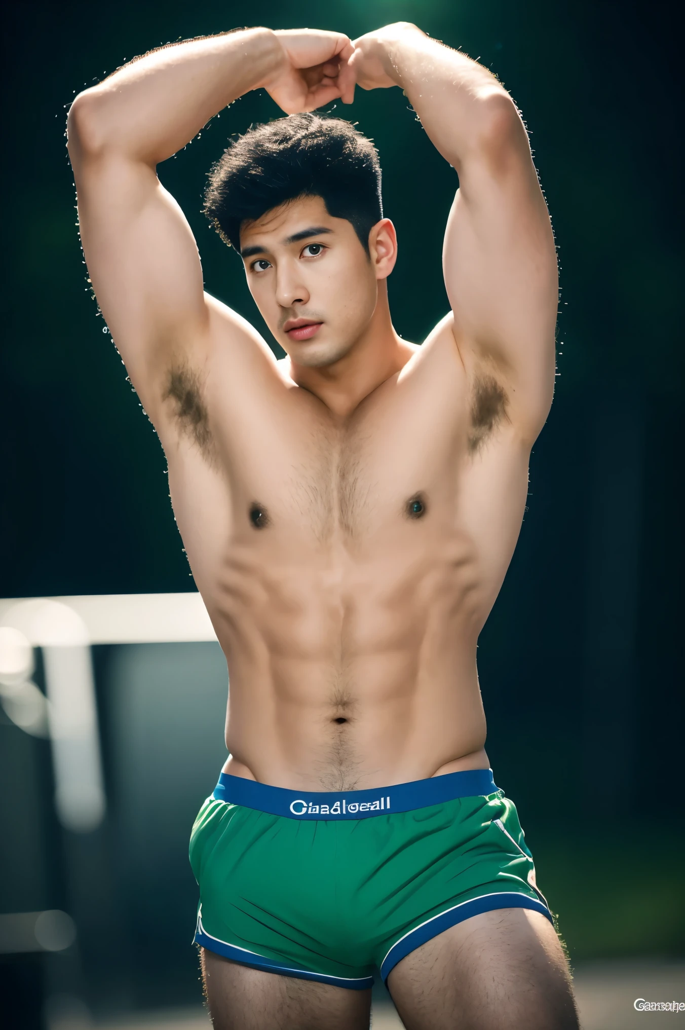 Firefighter in his 20s，Korean, with short black hair， Wear green training clothes、shirtless, blue short pants, High-res, tmasterpiece, best qualtiy, Head:1.3,((Hasselblad photograp)), Fine fine skin, Clear focus, (Cinematic lighting), during night, Gentle lighting, dynamic angle, [:(Detailed face:1.2):0.2],(((Exercise))), sport, The arm muscles are somewhat large, Hands in the crotch. Sexy, chest hair, body hair, pube hair, facial hair, erected