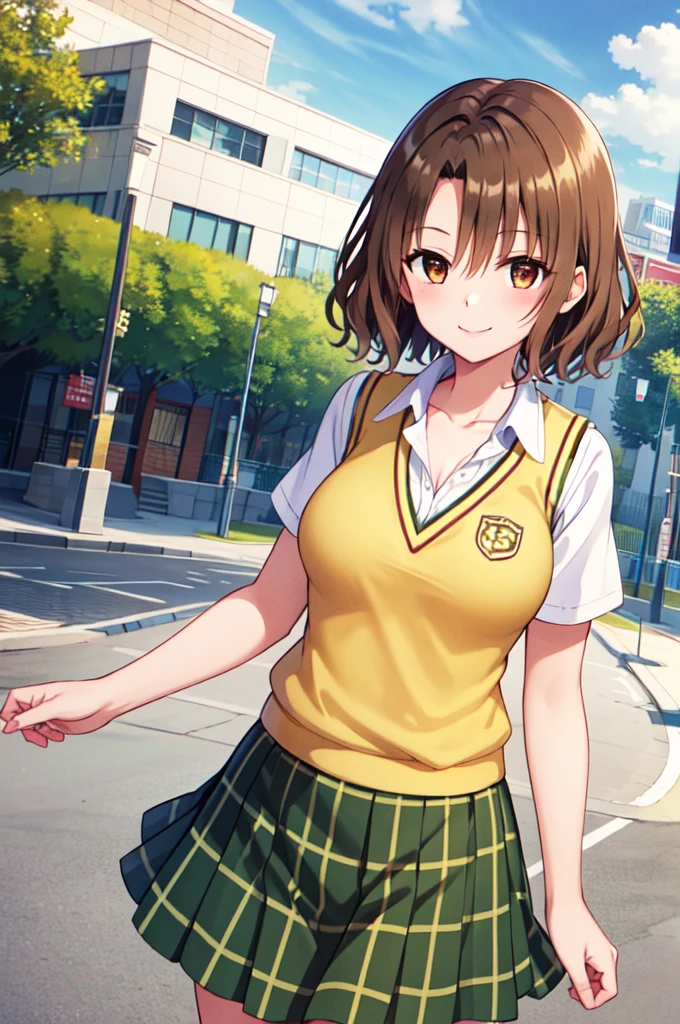 masterpiece, best quality, highres, 1girl, solo, short hair, brown hair, brown eyes, breasts, collarbone, , collared shirt, white shirt, sweater vest, (yellow vest:1.1), short sleeves, plaid skirt, green skirt, cowboy shot, standing, outdoors, smile