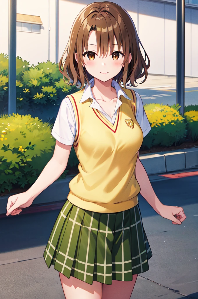 masterpiece, best quality, highres, 1girl, solo, short hair, brown hair, brown eyes, breasts, collarbone, , collared shirt, white shirt, sweater vest, (yellow vest:1.1), short sleeves, plaid skirt, green skirt, cowboy shot, standing, outdoors, smile
