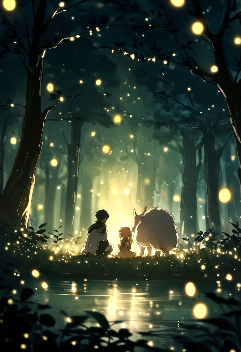 masterpiece,Highest quality,Movie stills,In the woods,fireflies floating in the sky,Cheerfulness,Warm and soft lighting,night,(Spark of Light:0.7)