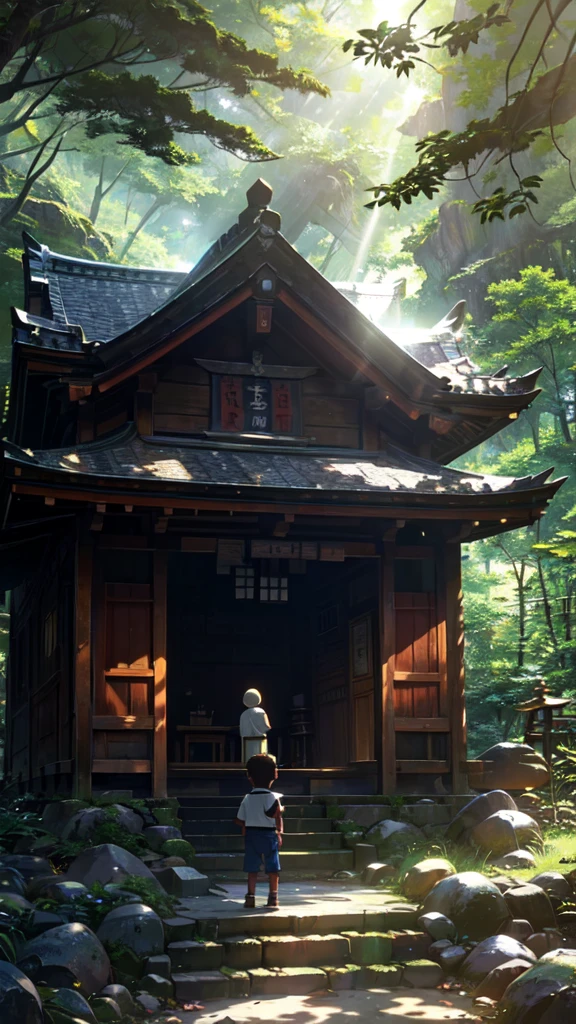 An old shrine in the mountains, sunlight filtering through the trees, and a ,insect catching