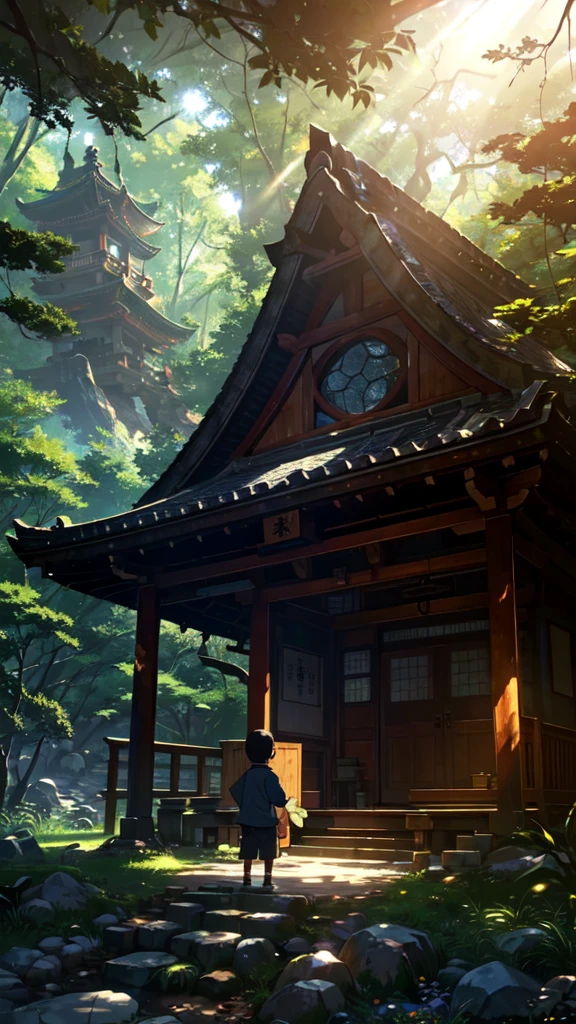 An old shrine in the mountains, sunlight filtering through the trees, and a little boy，insect catching