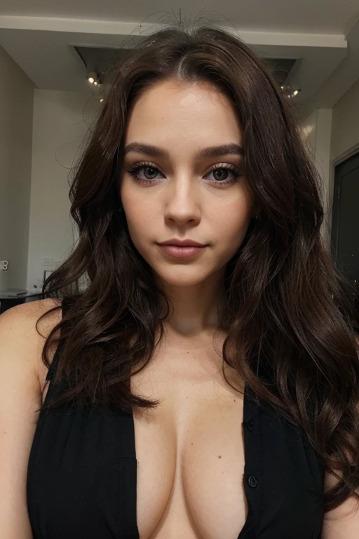 femme de 25ans, long brown slightly curly hair, yeux bleus, visage parfait, professional makeup like model, C et portant un haut basique