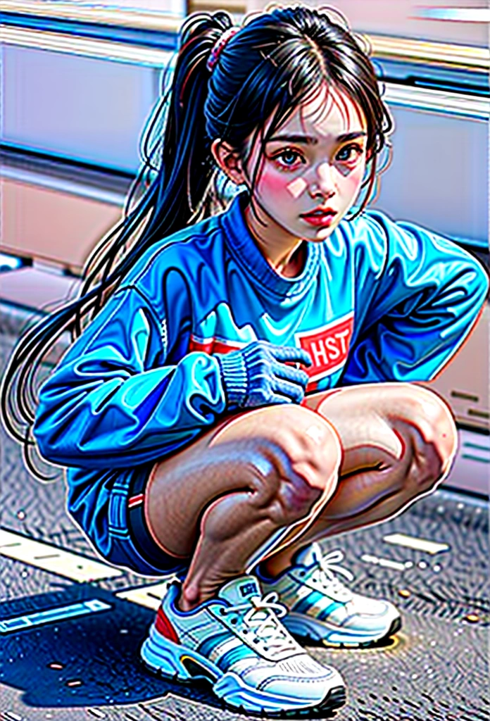 Best quality,masterpiece,16k,A girl,Wear sportswear,Squat on the street,