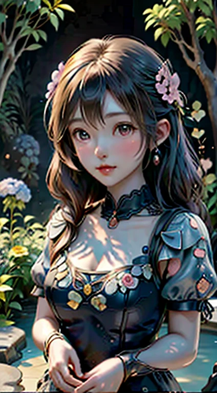 Hydrangea, garden, lake, Small hill, Pebble Road,anime, masterpiece, Highest quality, Anatomically correct, Attention to detail, 8k, wallpaper