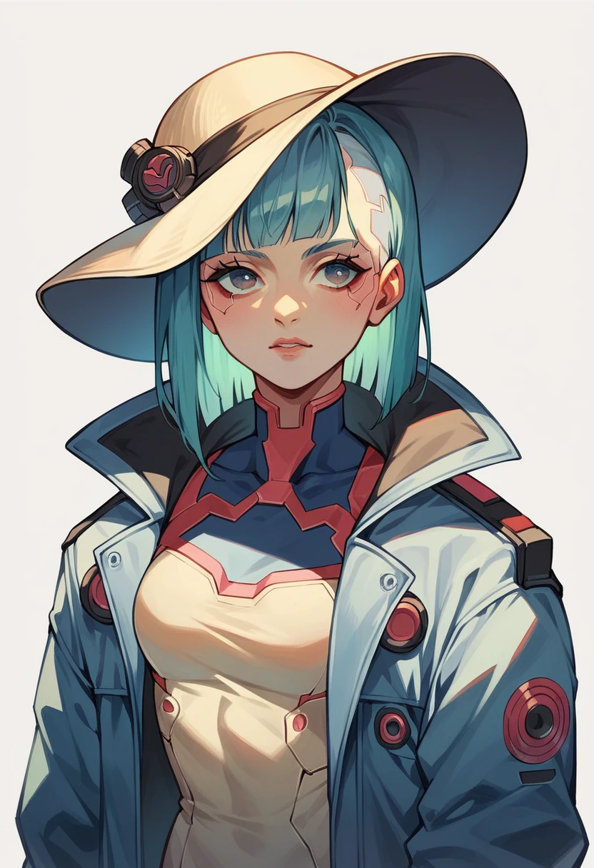 beautiful asian woman, Medium-length hair, Wear a hat, Cyberpunk style short coat, light blue simple background