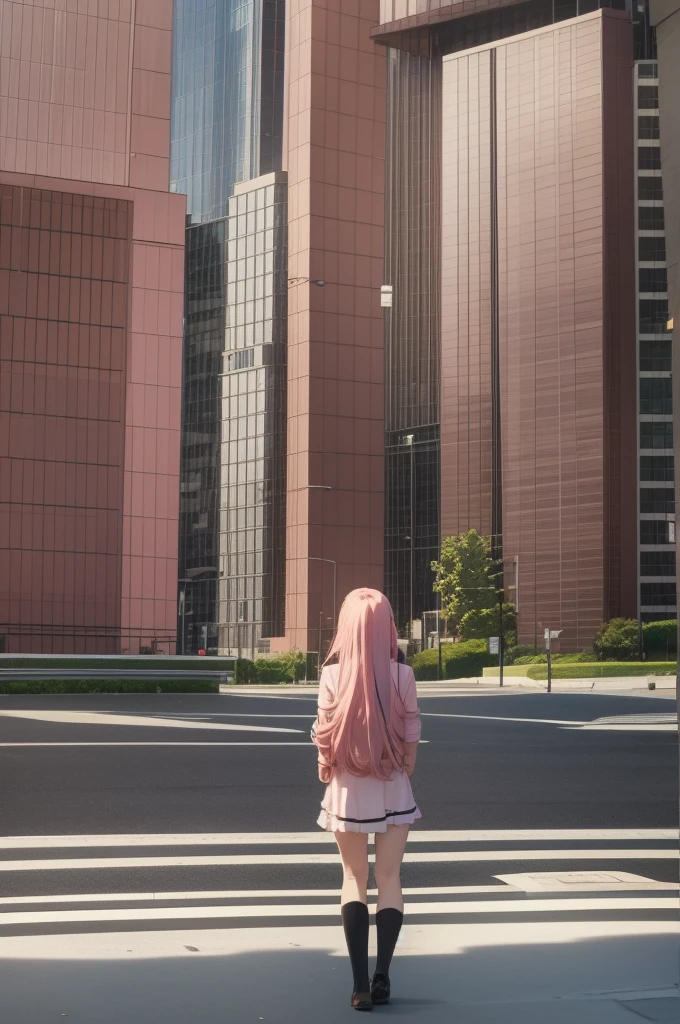 Anime girl with pink hair and glasses stands in front of a building., Best 4K Konachan Anime Wallpaper, I&#39;ll make fan art too., hints of Kazuma&#39;s daughter, Anime pictures of cute girls, anime moe art style, Kazuma&#39;s daughter, Beautiful anime high school girl, with index finger, smooth cg anime art, Haruno Sakura