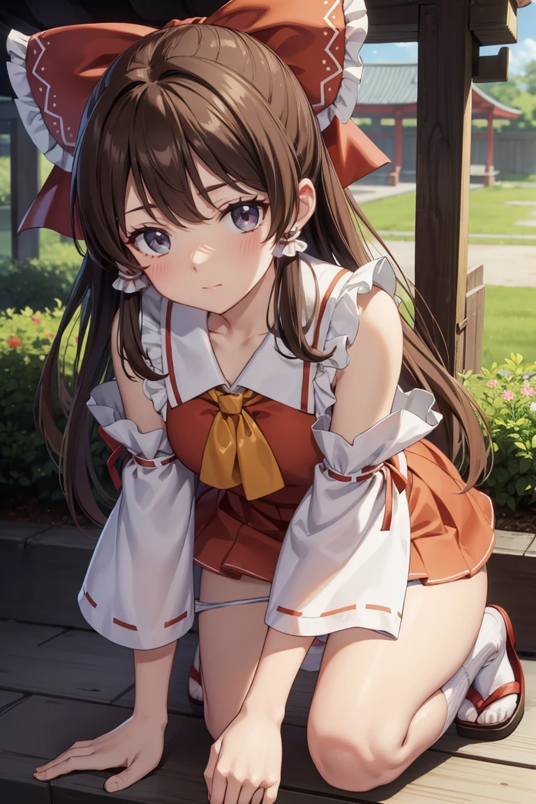 reimu hakurei, (Brown eyes:1.5), Brown Hair, bow, hair bow, Hair Tube, Long Hair, red bow, Side Lock,
Blake Ascot, Bare shoulders,Removable sleeves, embellished costume, Frills, kimono, Non-traditional Shrine Maiden, Red Skirt, Sandals, sarashi, mini skirt, socks, White sleeves, white socks, Wide sleeves,Backwards、On all fours、Low - Angle、Low position、Looking down at the camera、look up、((Panty shot、Cute Panties))、
BREAK Watch Viewers,blush、Surprise face、
Outdoor rest, shrine,Cowboy Shot,Smile Break (masterpiece:1.2), Highest quality, High resolution, unity 8k wallpaper, (figure:0.8), (Beautiful attention to detail), Highly detailed face, Perfect lighting, Highly detailed CG, (Perfect hands, Perfect Anatomy),Dynamic pose,