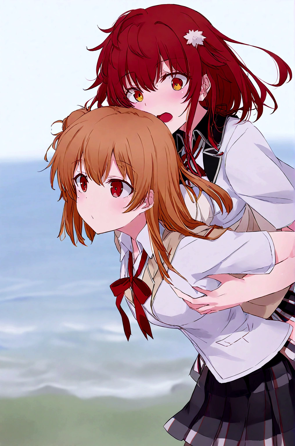 2 grils yukino Yukinoshita giving Yuigahama Yui piggyback ride, Yukinoshita Yukino takes a piggyback ride, size difference, Yuigahama Yui yukino Yukinoshita,