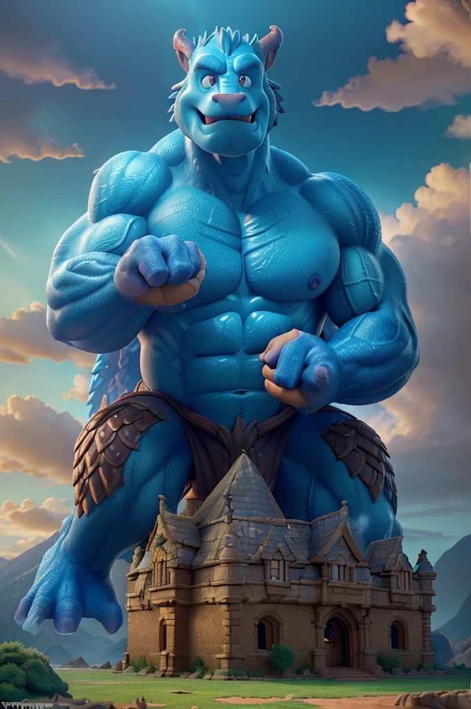 a gigantic muscular dragon with big pecs and biceps, in a fairytale castle in the sky with clouds, intricate details, cinematic lighting, dramatic composition, vivid colors, (best quality,4k,8k,highres,masterpiece:1.2),ultra-detailed,(realistic,photorealistic,photo-realistic:1.37),fantasy,epic,dramatic,cinematic