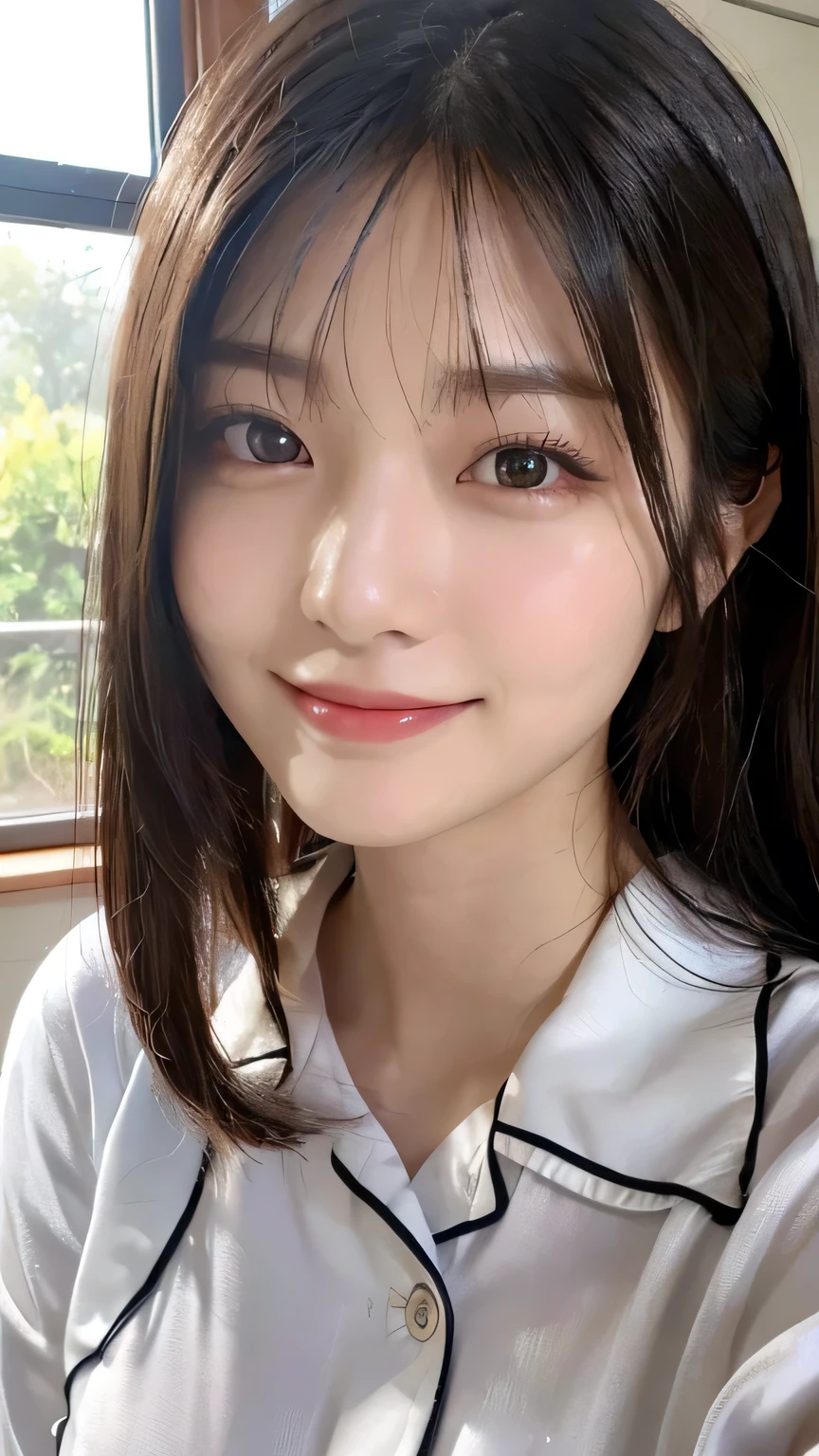 (Highest quality,masterpiece:1.3,Ultra-high resolution),(Very detailed,Caustics,16K),(Realistic:1.4,RAW shooting),Ultra-Realistic Capture,Human skin close-up,Natural skin texture,The pores are detailed enough to be easily identified,Healthy Skin and Even Tone,Use natural light and color,18-year-old,Japanese,cute,Long black hair,I'm looking at the camera with a smile on my face,Big Breasts,Waist up shot,(Face Focus:1.2),(Face close-up:1.2),(Low position:1.3),(Low Angle:1.3),(Night bets),Lens flare,On the bed、In pajamas、Wearing pajamas