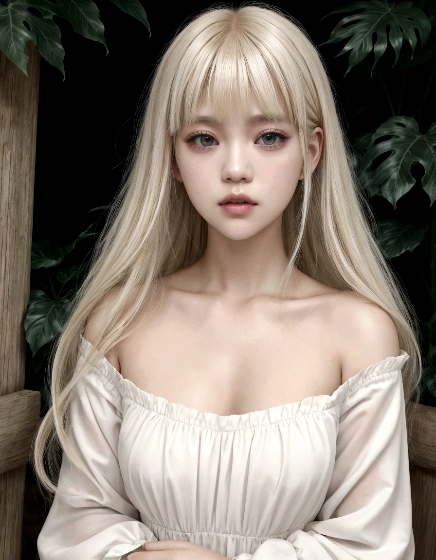 Chica rubia con un top negro y un top blanco posando para una foto., Lalisa Manobal, peinado de corte hime blanco, pelo largo y blanco y flequillo, flequillo blanco, cabello con flequillo blanco, very very pale blonde hair, extremely pale blonde hair, el corte de hime, con flequillo completo, con flequillo, parque roseanne de blackpink, Lalisa Manoban de Blackpink