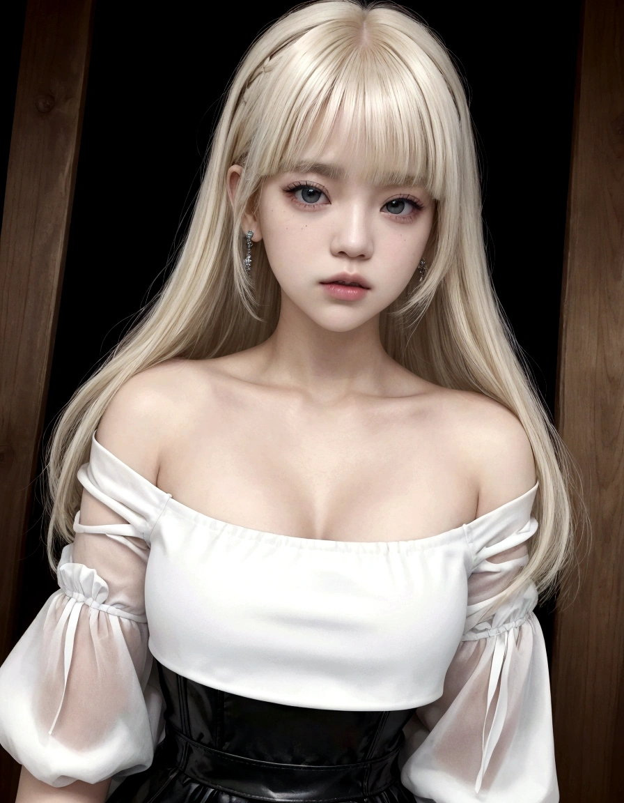 Chica rubia con un top negro y un top blanco posando para una foto., Lalisa Manobal, peinado de corte hime blanco, pelo largo y blanco y flequillo, flequillo blanco, cabello con flequillo blanco, very very pale blonde hair, extremely pale blonde hair, el corte de hime, con flequillo completo, con flequillo, parque roseanne de blackpink, Lalisa Manoban de Blackpink