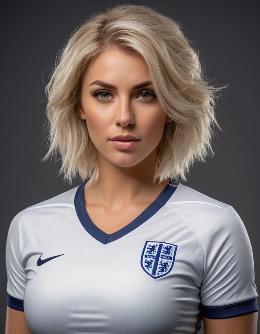 beautiful blonde woman wearing a tight England football shirt and gstring panties, full body picture, intricate detailed face, perfect body, athletic body, beautiful detailed eyes, beautiful detailed lips, long eyelashes, muscular athletic figure, dynamic action pose, (best quality,4k,8k,highres,masterpiece:1.2),ultra-detailed,(realistic,photorealistic,photo-realistic:1.37),HDR,UHD,studio lighting,ultra-fine painting,sharp focus,physically-based rendering,extreme detail description,professional,vivid colors,bokeh,sports,football,portrait, (messy bob hairstyle, white blond hair color), messy hairstyle, messy bob, messy hairstyle, white blond, 5 foot 3 inches tall, 110 pounds in weight, 34G breasts, large firm round breasts, very large breasts, cleavage, photorealistic, 4K, 8K, UHD, long shot, 