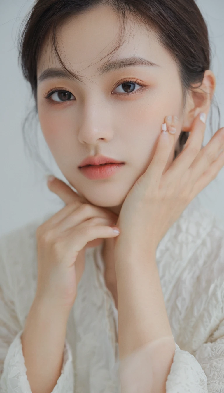 xxmixgirl, Analog Style, Eye focus, Highest quality, (Very detailed skin), Exquisitely beautiful white skin photos, 21 years old, Perfect Face, Captivating eyes, (Seductive makeup: 1.3), Skin pores, (Bokeh:1.5), Sharp focus, Dappled Lighting, (Backlight), Film Grain, (Very detailed, Exquisitely crafted), 8k, High resolution, Front view, Studio Light, Very detailed顔, Fine grain, (double eyelid: 1.4), Aristogle, Brown eyes, (commercial: 1.6), (Seductive makeup), ((White studio background: 2))