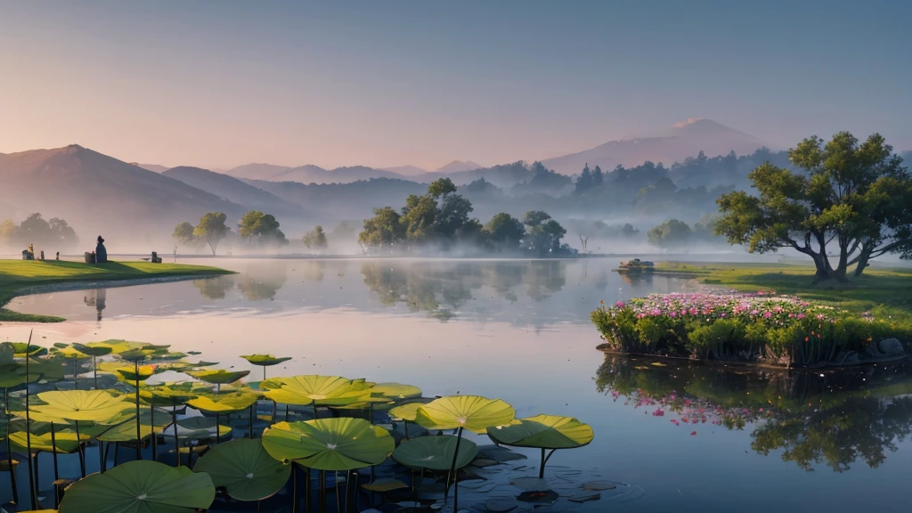 The photo depicts a peaceful scene with lotus flowers and lotus leaves on the water, perhaps a lotus pond. The air looks foggy, suggests a foggy early morning. Some pink lotus flowers are blooming, while the other flowers are still in bud form. Large green leaves float on the water, and there are reflections of flowers and leaves on the water. Rear, it looks like there is a willow tree hanging over the landscape, partly obscured by fog. This photo is interesting because it gives a feeling of peace and picturesqueness, evokes a feeling of stillness.