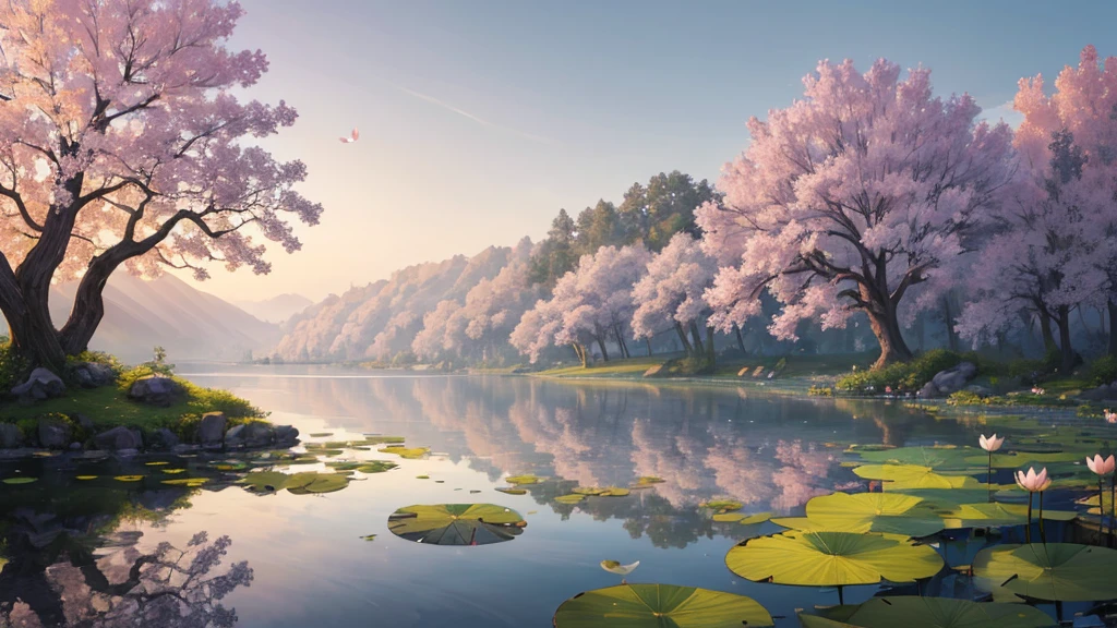 The photo depicts a peaceful scene with lotus flowers and lotus leaves on the water, perhaps a lotus pond. The air looks foggy, suggests a foggy early morning. Some pink lotus flowers are blooming, while the other flowers are still in bud form. Large green leaves float on the water, and there are reflections of flowers and leaves on the water. Rear, it looks like there is a willow tree hanging over the landscape, partly obscured by fog. This photo is interesting because it gives a feeling of peace and picturesqueness, evokes a feeling of stillness.