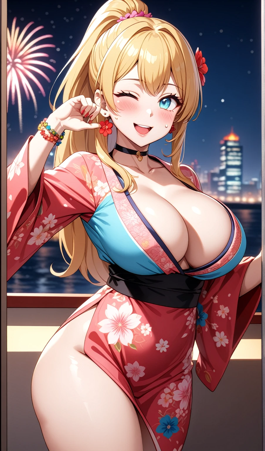 One personの女性)), Beautiful Face,Laughing embarrassedly,((Wink:2.0)),Laugh with your mouth wide open,((Bright red cheeks:1.4)),Glossy pink lips,night,rooftop,Festive decorations,You can see the ocean, firework,Glossy pink lips,Lighting on the face,((Anime style background)),masterpiece, Highest quality, so beautiful, Latest, Complex details, (Pink long nails),(ring),(flower bracelet),Floral choker,AI-generated, Complex,High resolution, Highest quality, super high quality,3D Images、View your viewers、3D Images,One person,Long blonde hair,High Ponytail,(Turquoise Eyes),Anime woman posing for a photo, (Fine grain,Colorful eyes,Shining Eyes:1.3),(Squint your eyes:1.1),a hyperRealistic , hyperRealistic , Realistic,Blonde anime woman with long hair, Smooth anime CG art, A woman in a colorful kimono with gold embroidery, (Pink long sleeve kimono),Red floral pattern,Long flower hair ornament,Large floral earrings,(ring),(Big Breasts:1.1),Mature Body,Tall,Big Ass,Narrow waist,Abdominal muscles,(Zoom in on face:2.0),(Tilt the angle:1.4)