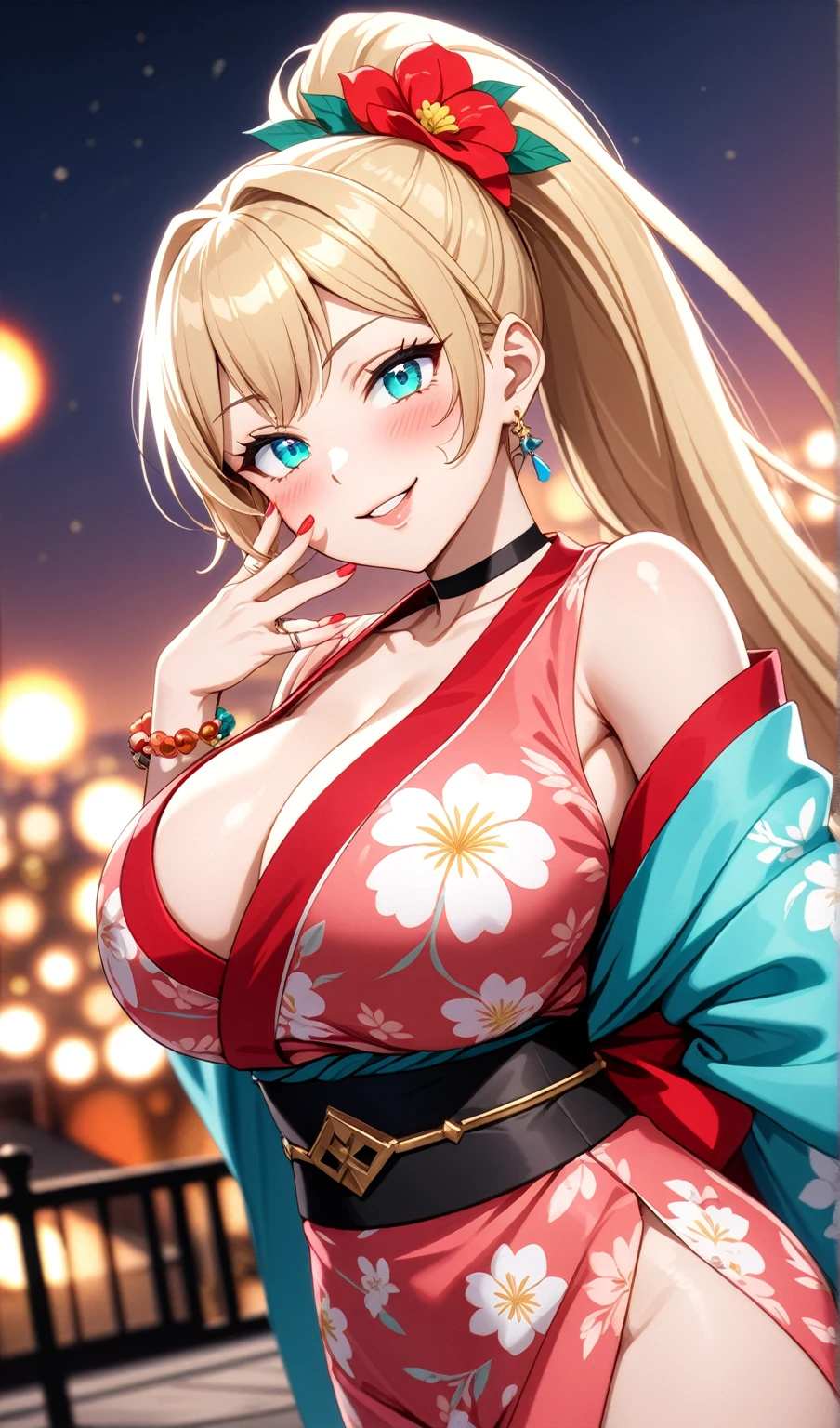 One personの女性)), Beautiful Face,Laughing embarrassedly,((Wink:2.0)),Laugh with your mouth wide open,((Bright red cheeks:1.4)),Glossy pink lips,night,rooftop,Festive decorations,You can see the ocean, firework,Glossy pink lips,Lighting on the face,((Anime style background)),masterpiece, Highest quality, so beautiful, Latest, Complex details, (Pink long nails),(ring),(flower bracelet),Floral choker,AI-generated, Complex,High resolution, Highest quality, super high quality,3D Images、View your viewers、3D Images,One person,Long blonde hair,High Ponytail,(Turquoise Eyes),Anime woman posing for a photo, (Fine grain,Colorful eyes,Shining Eyes:1.3),(Squint your eyes:1.1),a hyperRealistic , hyperRealistic , Realistic,Blonde anime woman with long hair, Smooth anime CG art, A woman in a colorful kimono with gold embroidery, (Pink long sleeve kimono),Red floral pattern,Long flower hair ornament,Large floral earrings,(ring),(Big Breasts:1.1),Mature Body,Tall,Big Ass,Narrow waist,Abdominal muscles,(Zoom in on face:2.0),(Tilt the angle:1.4)