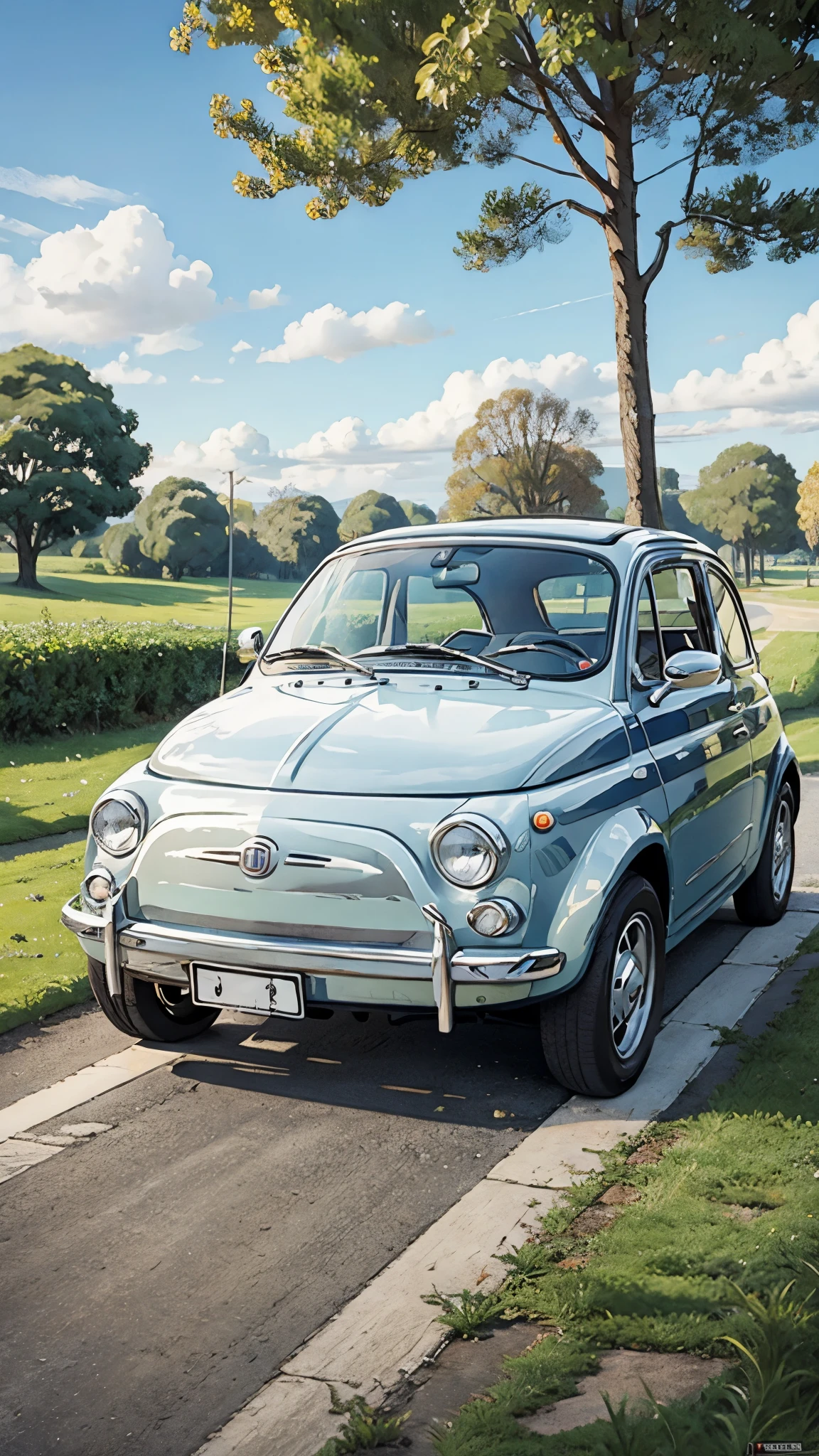 (masterpiece:1.2, Highest quality),(Very detailed),(((Anime Style))),8k,wallpaper,Fiat 500,Run,morning,blue sky,(((Ghibli style)))