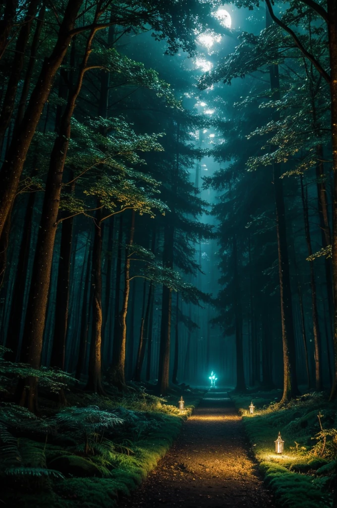 A mystical forest bathed in moonlight, with giant ancient trees and bioluminescent plants. Tiny fairies with glowing wings flit about, illuminating the path with their magical light.
