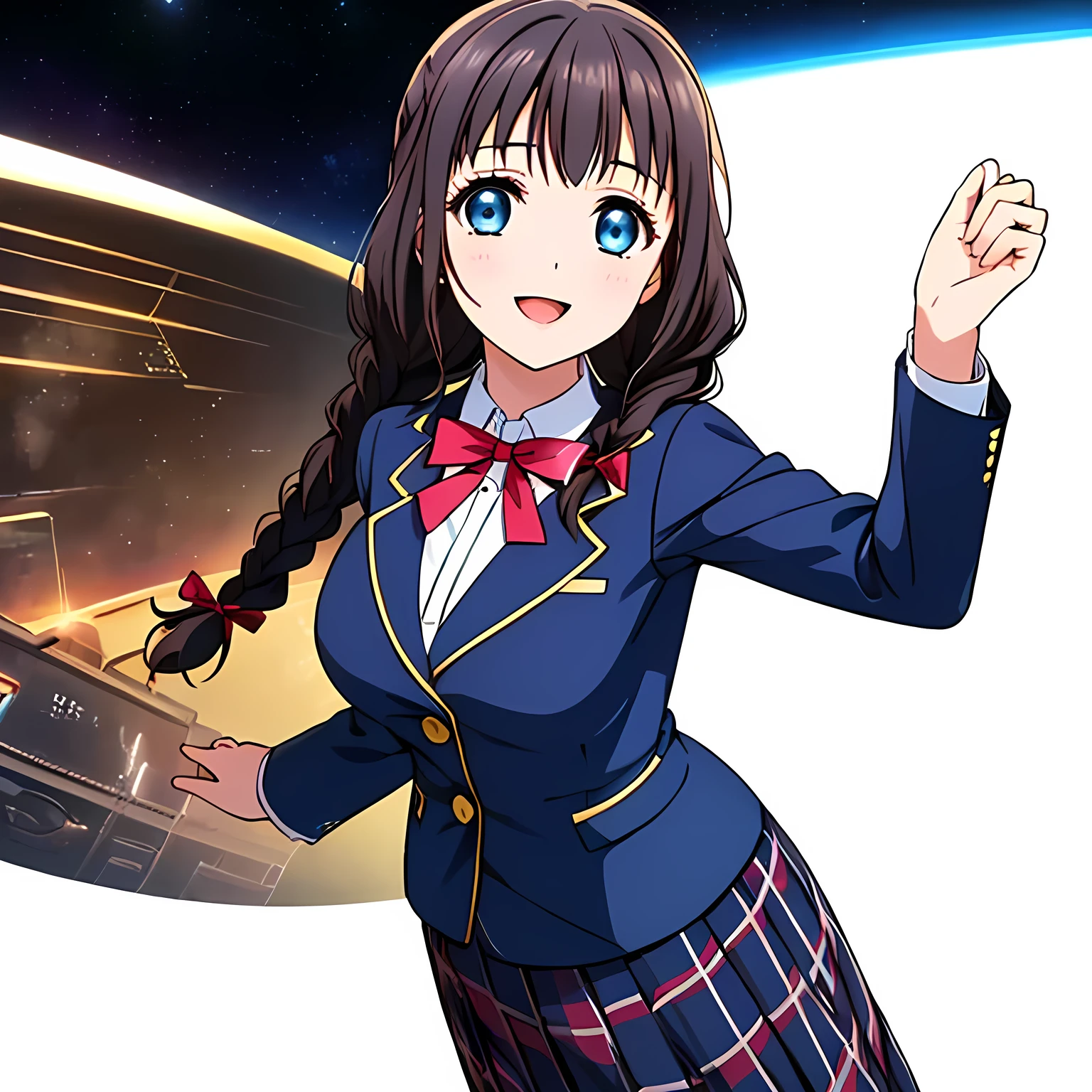 (highest quality, masterpiece:1.2), highest quality, High resolution, 1080p, 8K, Height: 158cm, ((High-definition game CG)), ((Like a beautiful girl dreaming of a game heroine、A very intelligent, very noble, pretty and pure beautiful girl.、With the best smile、Looking at the audience、Hands over their mouths)), A face that everyone loves, Glossy lips, Even bangs, ((Very beautiful blue eyes)), The very large red shiny wide ribbon bowtie is very cute., ((Black Hair)), ((long twin braids)), (((A long, neat, dark navy blue checked pleated skirt))), (((Dark blue winter long sleeve blazer))), How to wear a neat uniform, Extremely lustrous, shiny game heroine lips, A girl with her open hand over her open mouth, like a game heroine, Ribbon in hair, Tight waist, slender, The ribbon is big and very pretty., Beautiful hair like a hair model, Long skirt, ((((The background is a space dominated by succubi))))