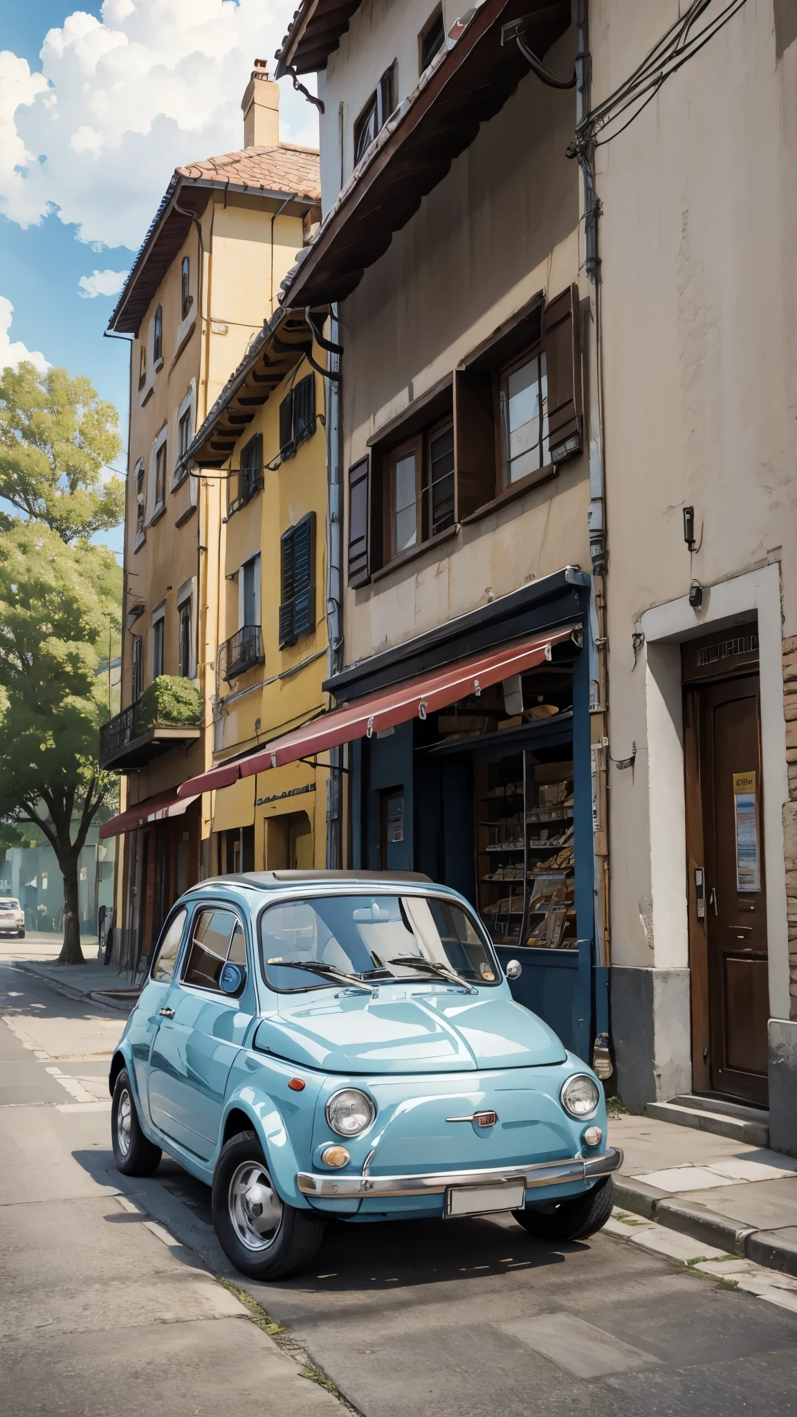 (masterpiece:1.2, Highest quality),(Very detailed),(((Anime Style))),8k,wallpaper,Fiat 500,Run,morning,blue sky,(((Ghibli style)))
