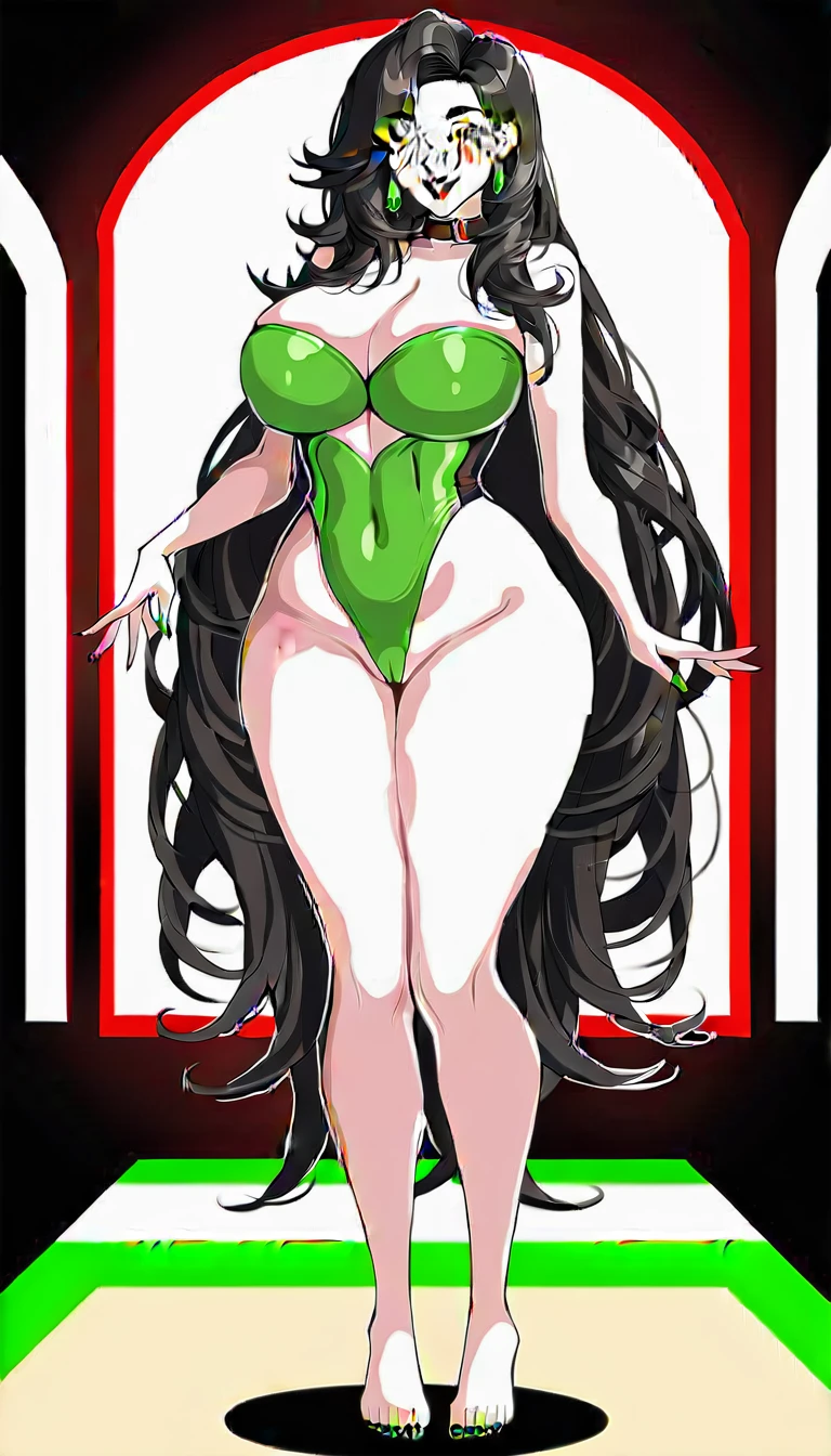 (((highly detailed))), (((high quality))), (((masterpiece))), (((beautiful))), full shot, back side view))), emily the emerald engine, (((by drogod))), athletic female, 5 fingers, 5 toes, big butt, large ass, white body, totally white skin, pale skin, emerald green nails, emerald green eyes, emerald green lipstick, eyelashes, eyeliner, black hair, black eyebrowns, thin eyebrowns, very long hair, ass length hair, Ironed hair, hair on the forehead, bubble ass, busty, butt, emerald green highleg one pice swimsuit with gold strip, cleavage, feet detail, fingers, humanoid feet, humanoid hands, horny face, in love to the viewer, large bum, looking at viewer, nails, partially visible vulva, protective mother countenance, pose, (((standing))), sensual eye, bedroom eyes, sensual body, smile, soles, soft soles, arched soles, tiptoes, feet blush, sole blush, solo, sheap space, lying up, feet up, thick thighs, thighs together, toes, (((voluptuous))), large thigs, (((high thighs))), (((high hips))), wide hips, curvy figure, curvaceous, absurd res, hi res, signature, in a spaceship next to a large window space