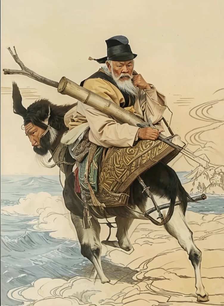 a chinese old man touching his white beard and riding a donkey, holding a bamboo with a Y stick inside the bamboo, donkey walk on cloud, ocean background, 