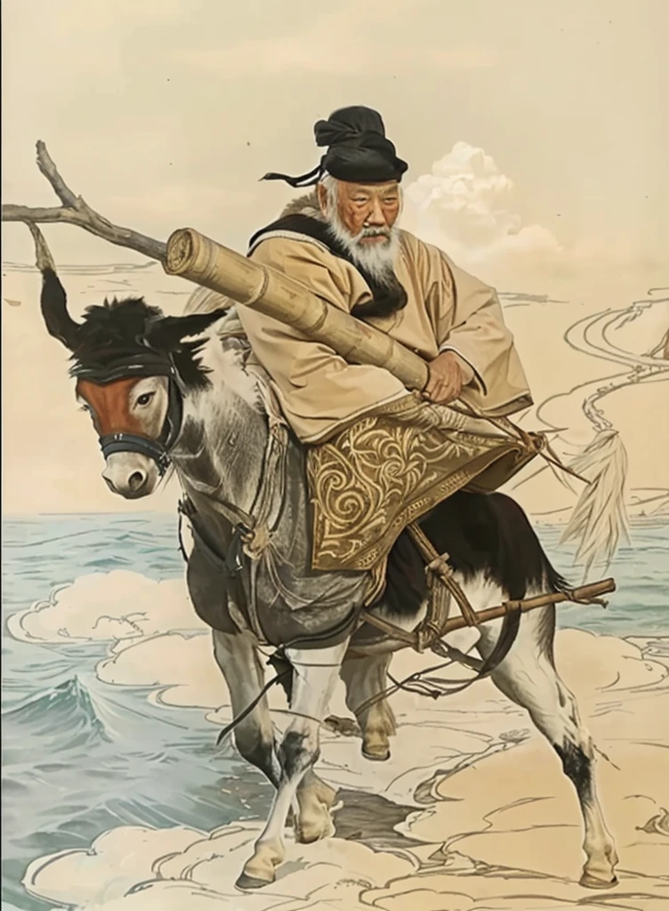 a chinese old man touching his white beard and riding a donkey, holding a bamboo with a Y stick inside the bamboo, donkey walk on cloud, ocean background, 