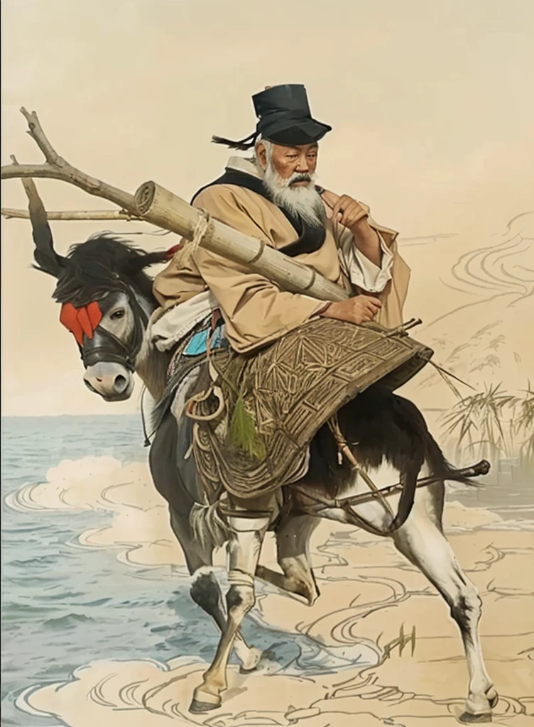 a chinese old man touching his white beard and riding a donkey, holding a bamboo with a Y stick inside the bamboo, donkey walk on cloud, ocean background, 