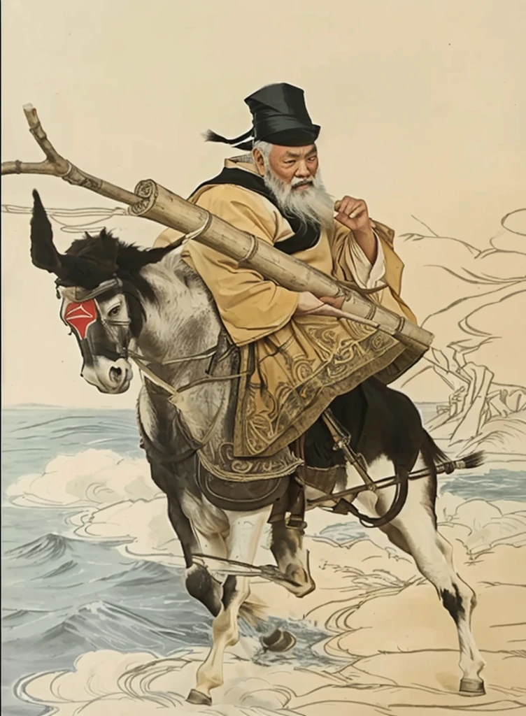 a chinese old man touching his white beard and riding a donkey, holding a bamboo with a Y stick inside the bamboo, donkey walk on cloud, ocean background, 