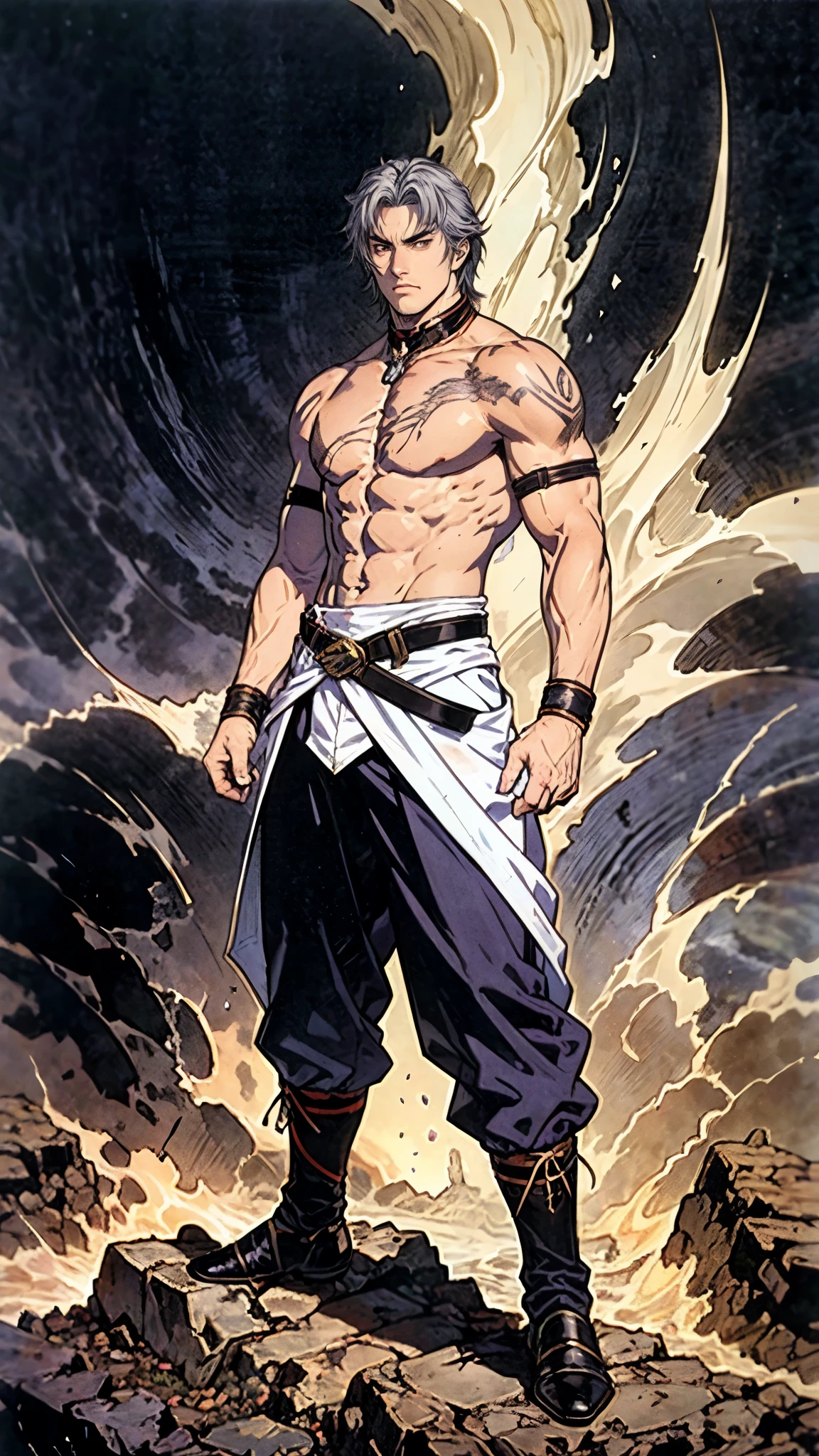 A young man with short gray hair, completely white skin, pale skin, resolute eyes, handsome face, serious expression, a metal collar around his neck, his upper body is bare, a slender yet muscular build, a purple demon tattoo is on his left shoulder, a black and white belt, cloth trousers, emitting a purple aura, he stands in a mining valley, the ground around him glowing red and cracking open, this character embodies a finely crafted fantasy-style slave warrior in anime style, exquisite and mature manga art style, dramatic, high definition, best quality, highres, ultra-detailed, ultra-fine painting, extremely delicate, professional, perfect body proportions, golden ratio, anatomically correct, symmetrical face, extremely detailed eyes and face, high quality eyes, creativity, RAW photo, UHD, 32k, Natural light, cinematic lighting, masterpiece-anatomy-perfect, masterpiece:1.5