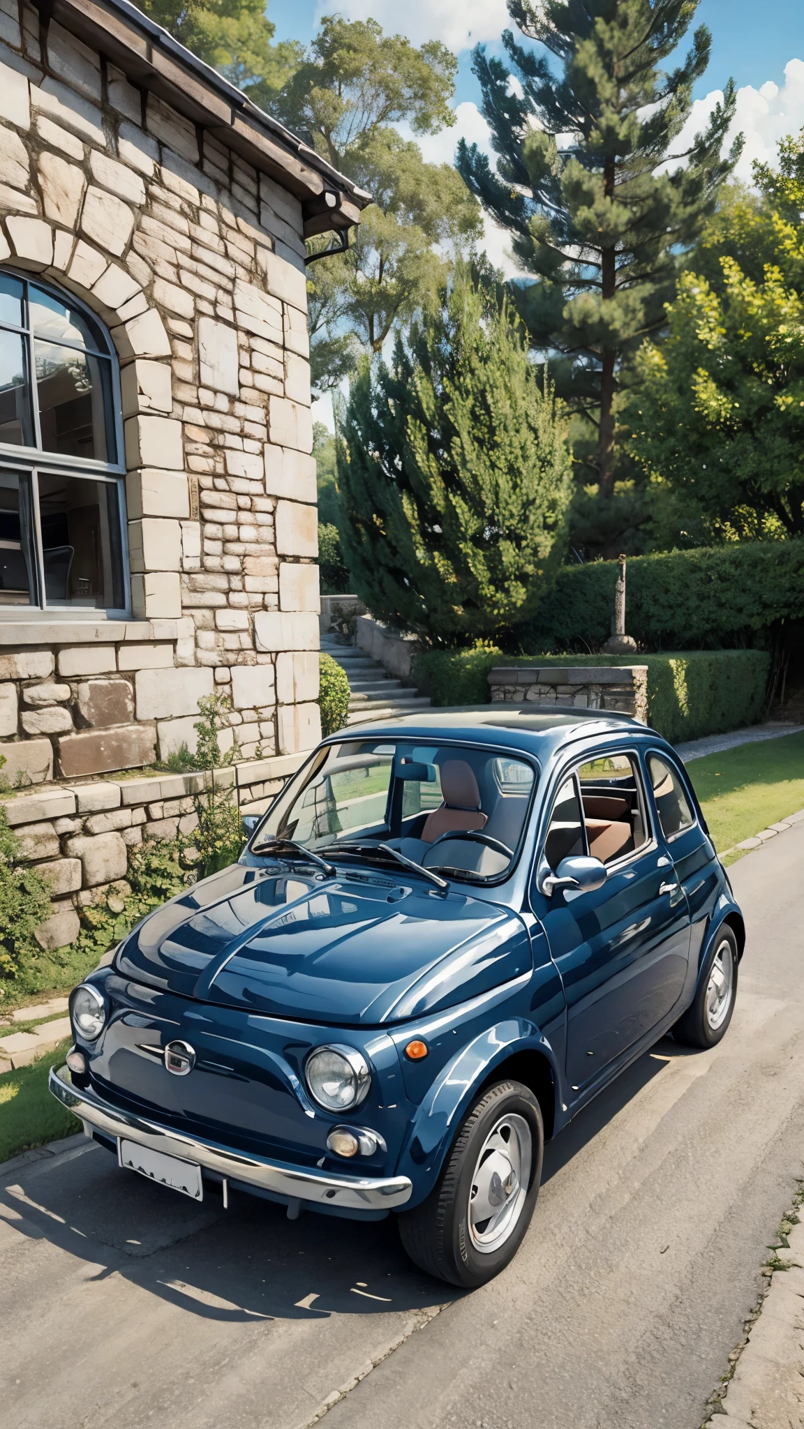 (masterpiece:1.2, Highest quality),(Very detailed),(((Anime Style))),8k,wallpaper,Fiat 500,Run,morning,blue sky,(((Ghibli style)))