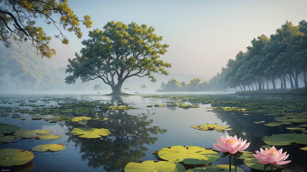 The photo depicts a peaceful scene with lotus flowers and lotus leaves on the water, perhaps a lotus pond. The air looks foggy, suggests a foggy early morning. Some pink lotus flowers are blooming, while the other flowers are still in bud form. Large green leaves float on the water, and there are reflections of flowers and leaves on the water. Rear, it looks like there is a willow tree hanging over the landscape, partly obscured by fog. This photo is interesting because it gives a feeling of peace and picturesqueness, evokes a feeling of stillness.